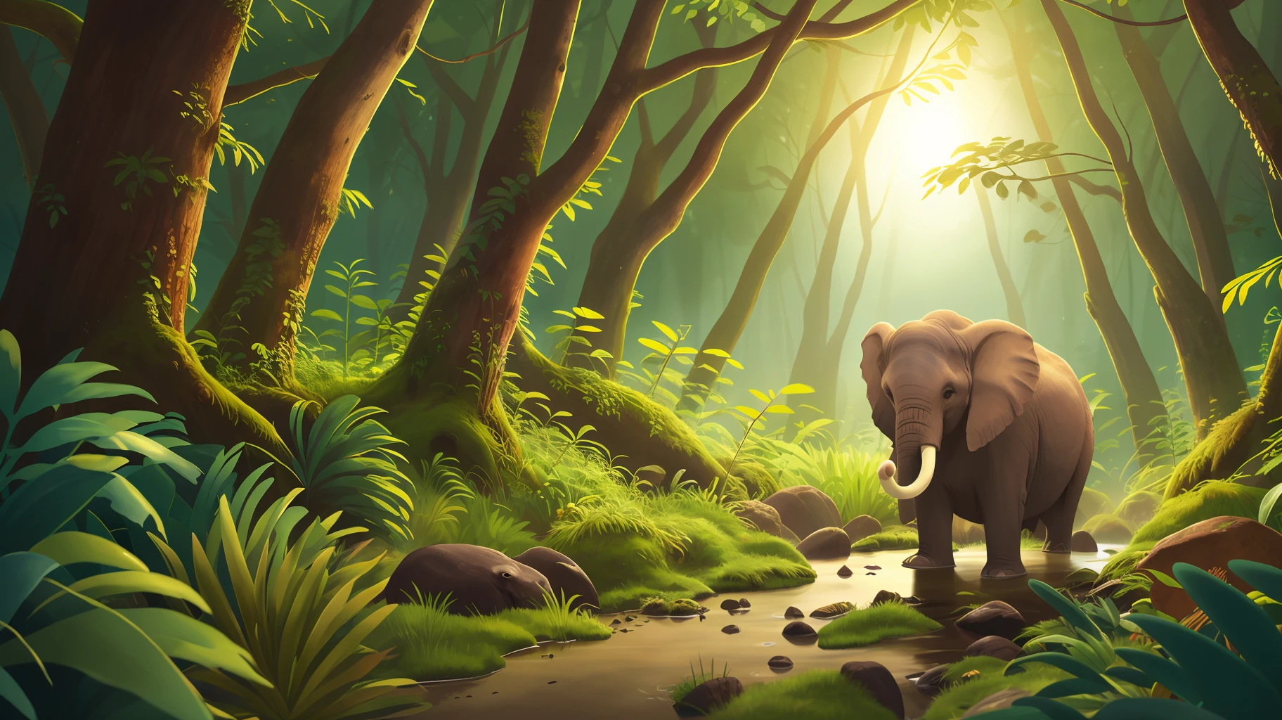 Um elefante andando por uma floresta ao amanhecer, barnet, Intertidal Zone