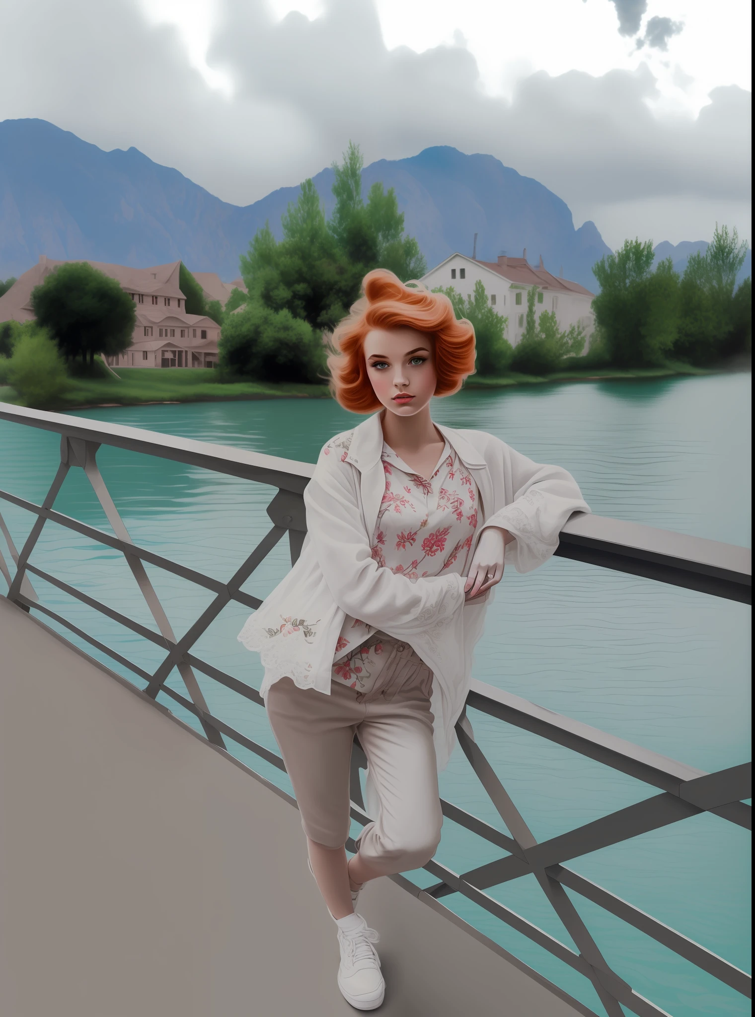 (((Lots of color filters+Vintage effect:1.2+retro style)), hiquality, Detailed drawing, Impressive illustration, beautifull details), Dynamic composition, Bright colors, Magical atmosphere, mysterious aura, Mysterious light, Girl in stylish clothes, Bright make-up, (redhead hair), Fantastic backstory, magnificent details, Dreams and inspiration.