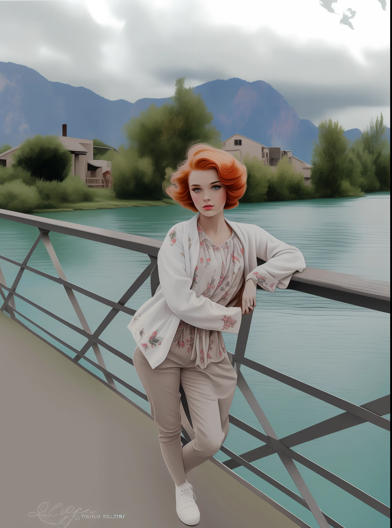 (((Lots of color filters+Vintage effect:1.2+retro style)), hiquality, Detailed drawing, Impressive illustration, beautifull details), Dynamic composition, Bright colors, Magical atmosphere, mysterious aura, Mysterious light, Girl in stylish clothes, Bright make-up, (redhead hair), Fantastic backstory, magnificent details, Dreams and inspiration.