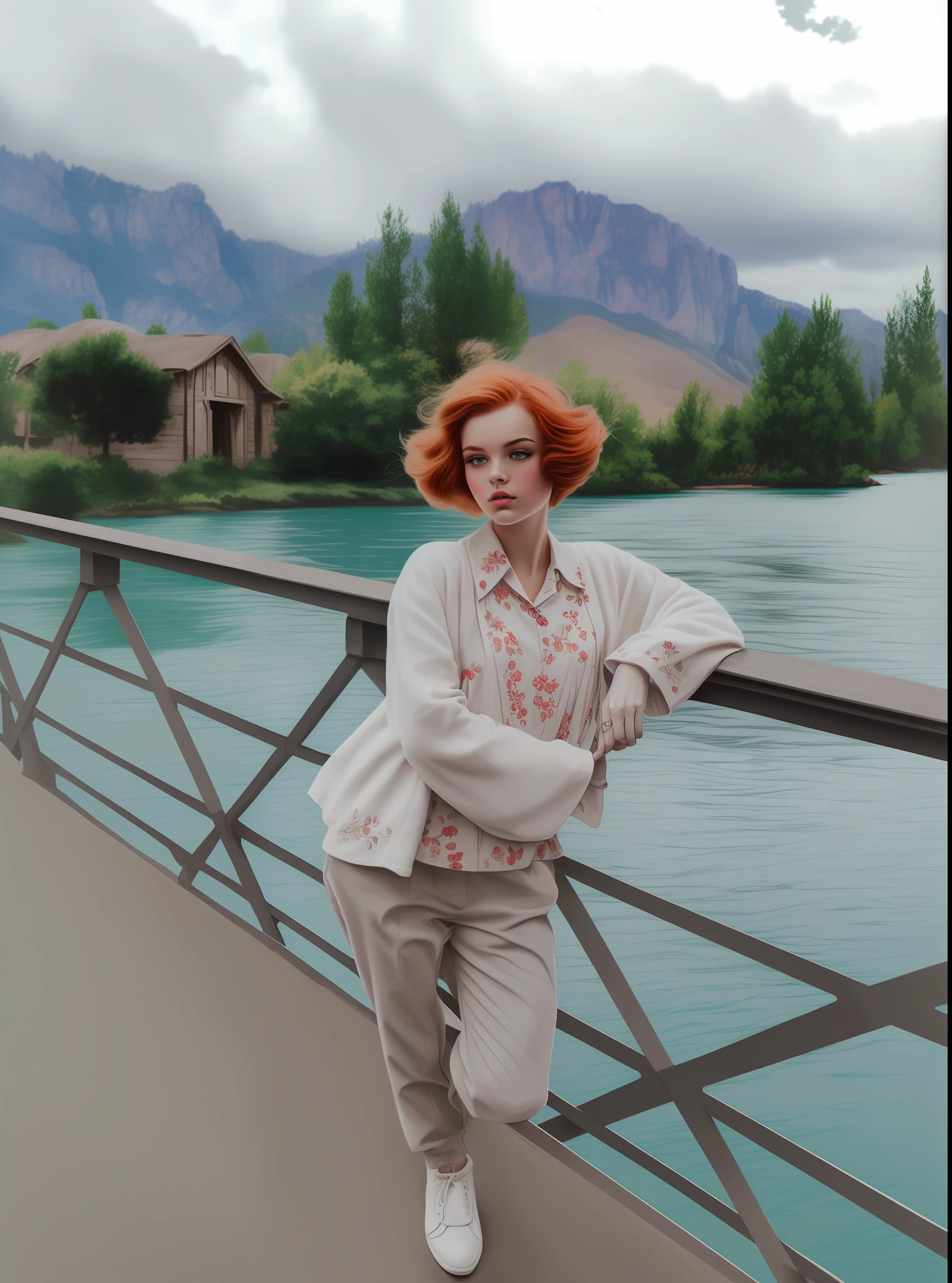 (((Lots of color filters+Vintage effect:1.2+retro style)), hiquality, Detailed drawing, Impressive illustration, beautifull details), Dynamic composition, Bright colors, Magical atmosphere, mysterious aura, Mysterious light, Girl in stylish clothes, Bright make-up,  (redhead hair), Fantastic backstory, magnificent details, Dreams and inspiration.