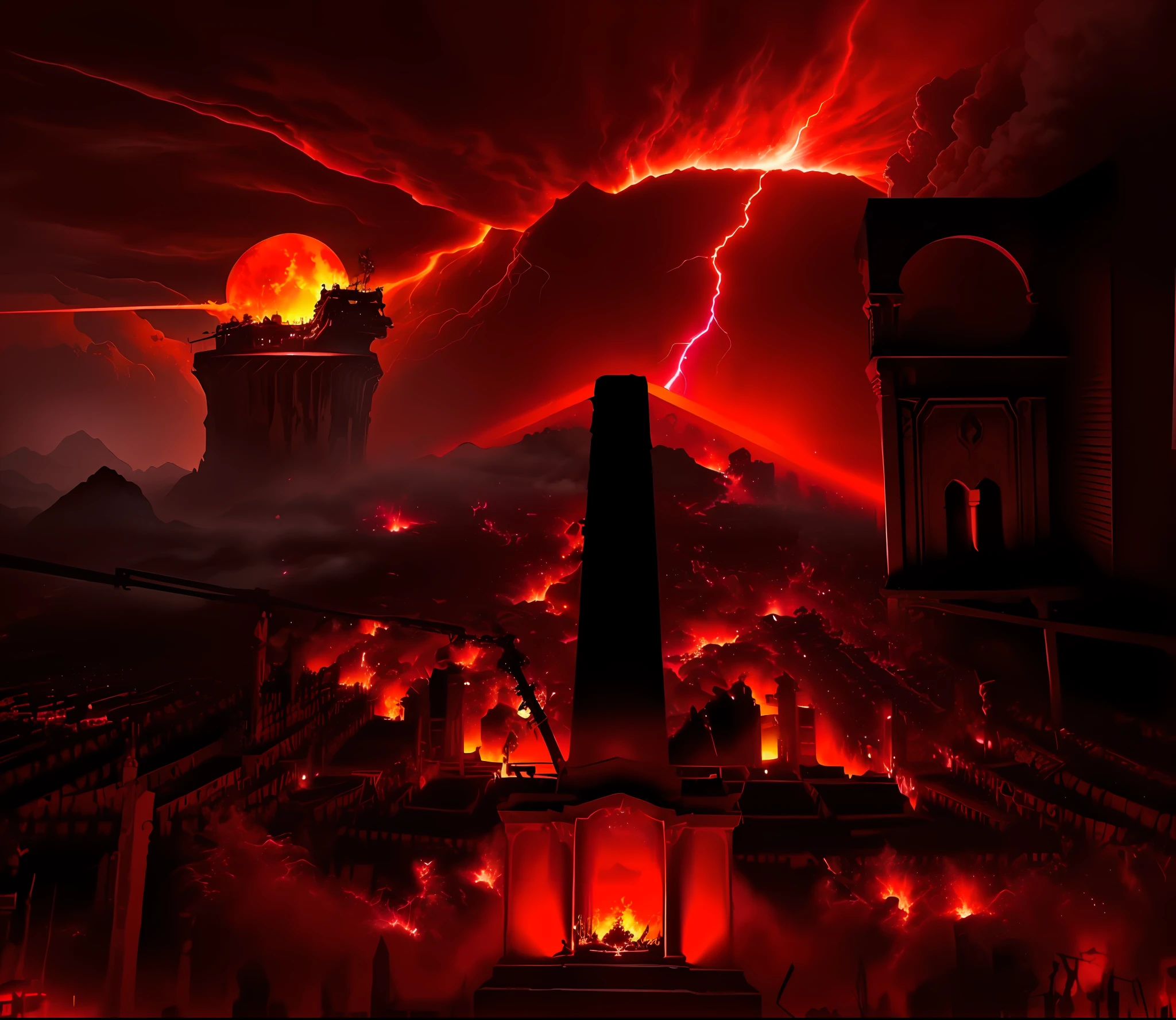 A closeup of a red sky with a cloud and lightning, fundo do inferno, Paisagem do inferno, Ominous apocalyptic background, no fundo lago vermelho em chamas, Rio sangrento no inferno, Magma e lava, Lago de sangue turbulento, A batalha final no inferno, fundo do inferno, fundo inferno hiper-realista, The Wells of Hell, tempestade do inferno