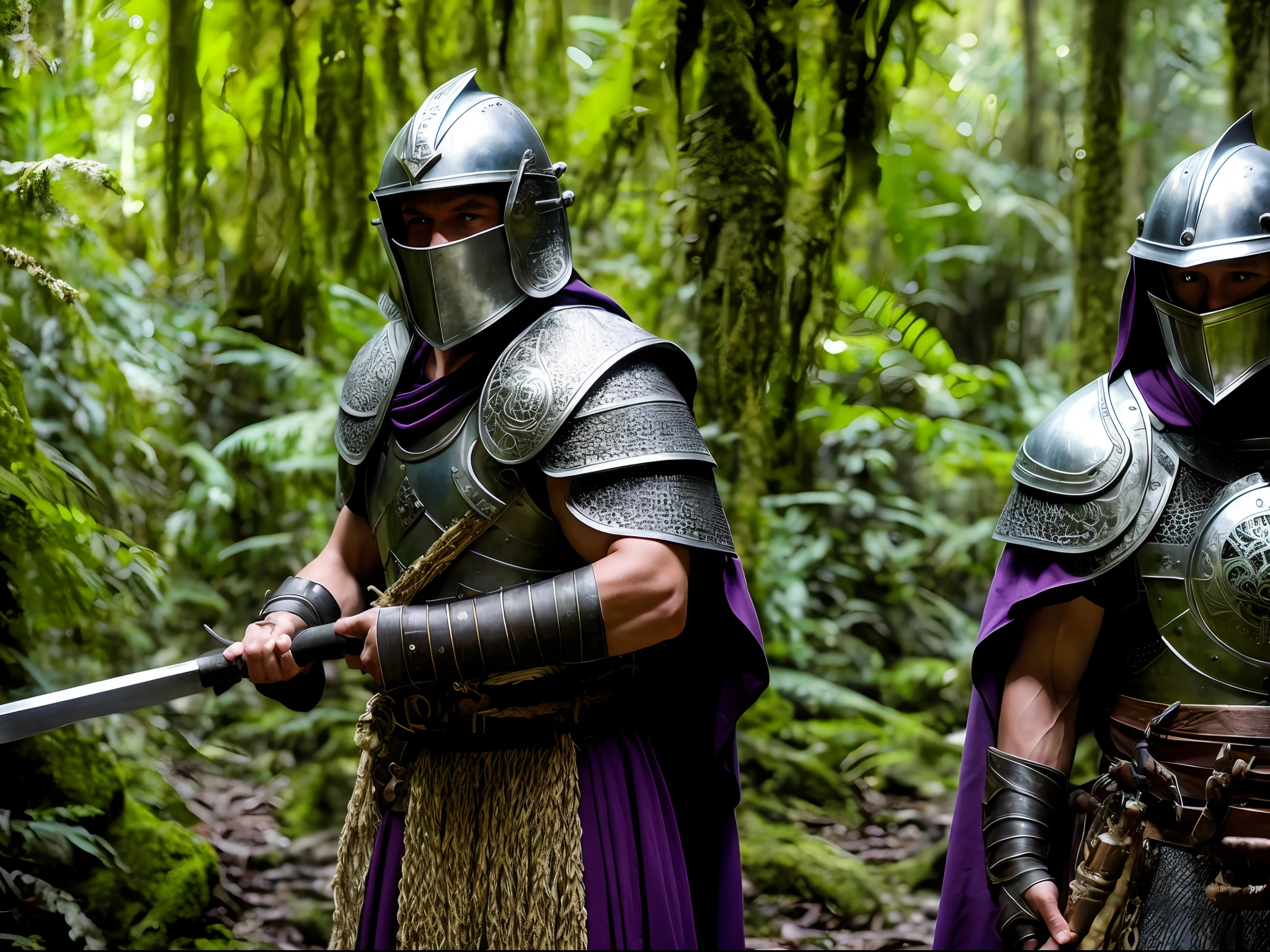 Two men in armor holding swords in a forest - SeaArt AI
