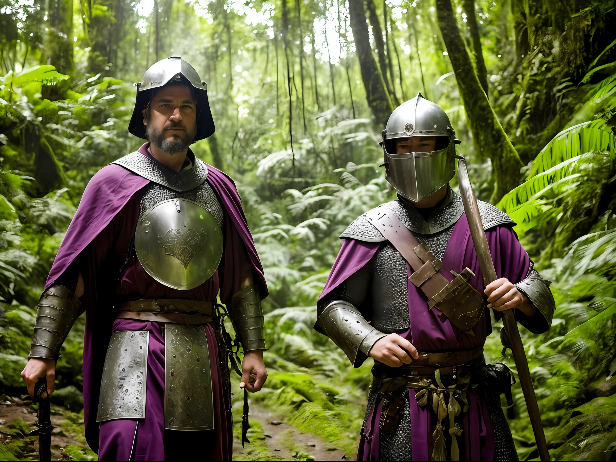 color photo of: an epic close-up shot of a mage and a warrior, two medieval adventurers in armor, carrying shields, axes, and staffs, carefully making their way through the rainforest, with dense vegetation, muddy ground, mushrooms, massive trees, dampness, aerial roots, vines, sunlight, and the Dindal effect.
mage in purple robe, warrior in chainmail and helmet, jungle background, focused and cautious expressions, Nikon D850 camera, Fujifilm Velvia 50 film, 50mm lens, shallow depth of field, Peter Jackson, J.K. Rowling, George R.R. Martin, Neil Gaiman, H.R. Giger