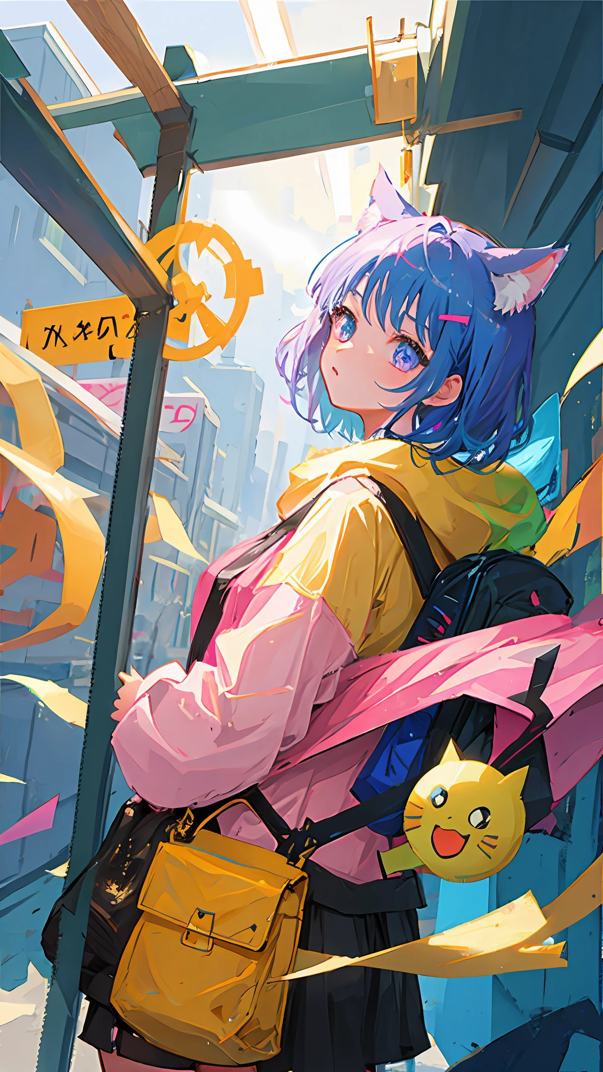 Girl backpacker cat ears two-dimensional