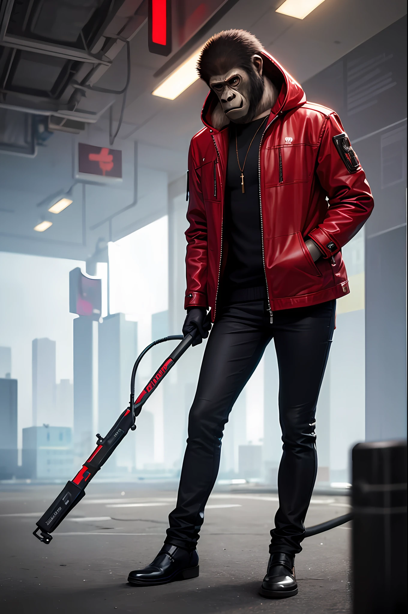 masterpiece, best quality, photorealistic ,fashionmonkey, gorilla, blurry, book, cable, cyberpunk, gloves, red coat, holding, hood, solo,