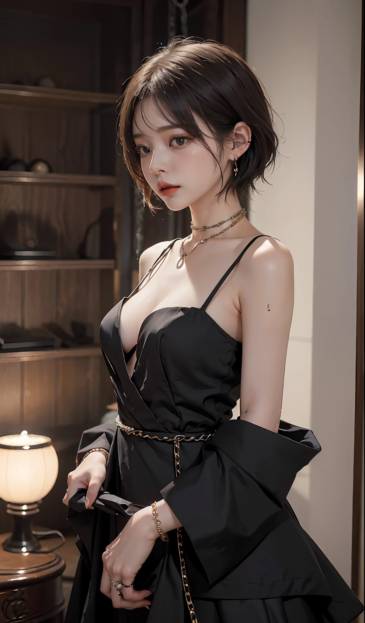 (natta)、((top-quality、masterpiece:1.3))、sharp:1.2、Perfect Body Beauty:1.4、((Layered hairstyle))、(Black Dress:1.1)、(Luxurious room:1.2)、(chains:1.3)、Highly detailed facial and skin texture、Detailed eye、二重まぶた、((short-length hair))、boyish、Cool、((unisex))、big eye、Necklaces、bangss、((One Woman))、Black eyes、A bracelet、耳Nipple Ring、a choker、Ring、Chain Accessories、Farbe々From an angle、Ear cuffs、