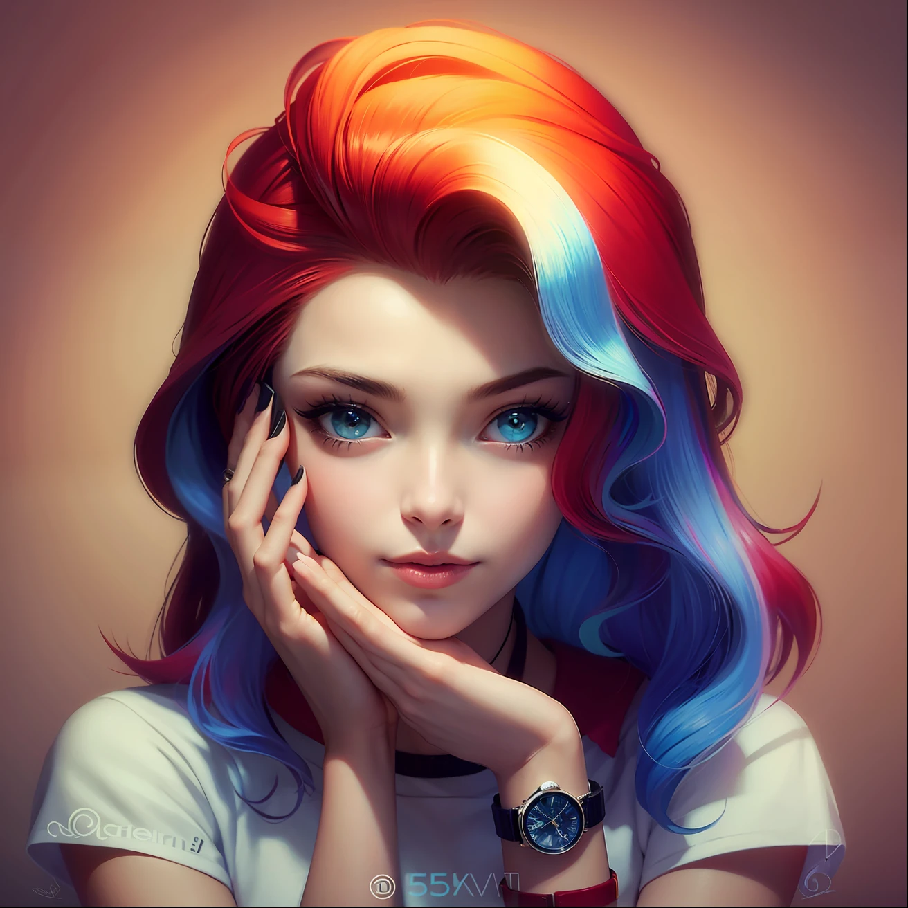 Beautiful long-haired girl,pretty face,short- sleeved,Wrist watch