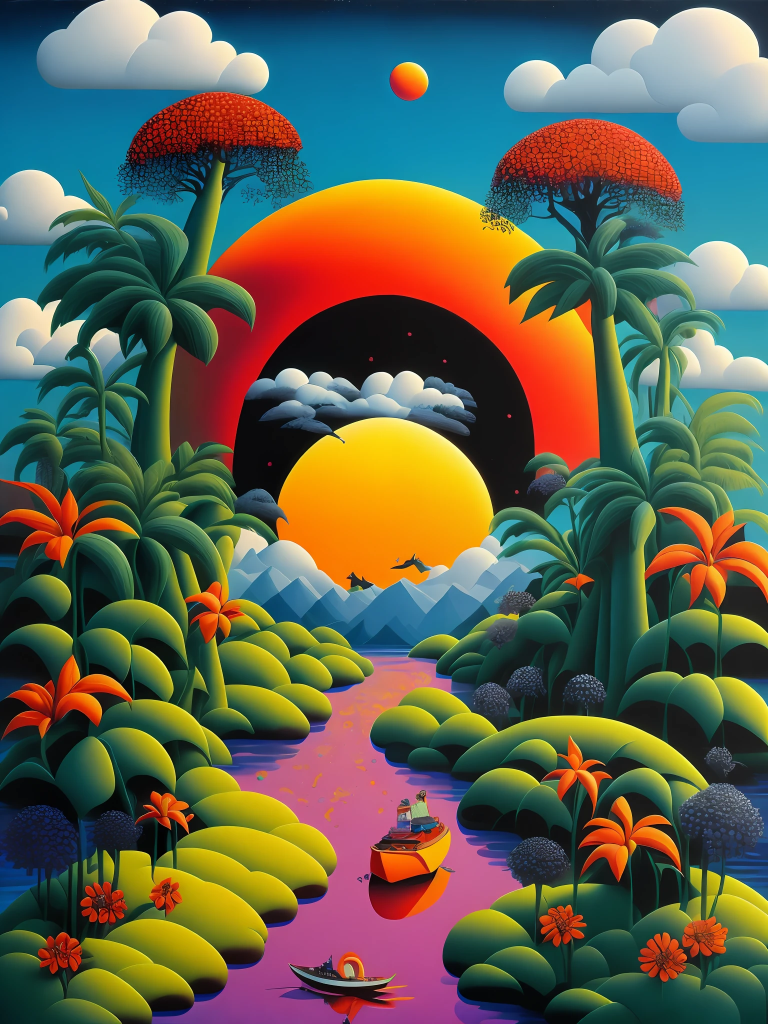 A stream in the jungle、Boat with one adventurer、ape、Tropical flowers、Colorful landscape painting Hiroshi Nagai