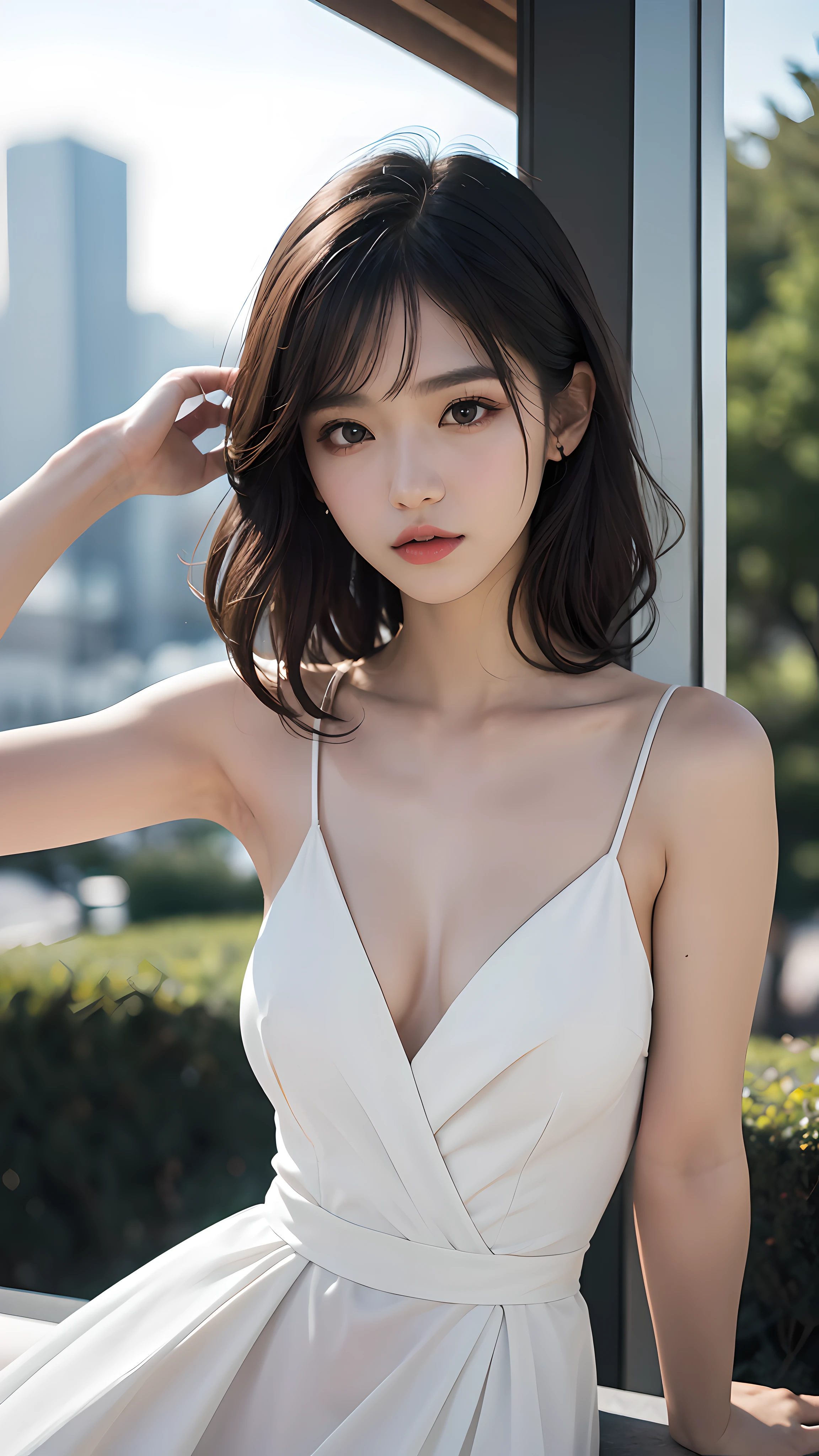 Best quality, masterpiece, ultra high res, photorealistic, (full shot:1.5), (1 girl), luxury dress, sharp focus, great body, random pose reference, monolid eyes, high bridged pointed nose, v-shaped face, pale skin, bokeh