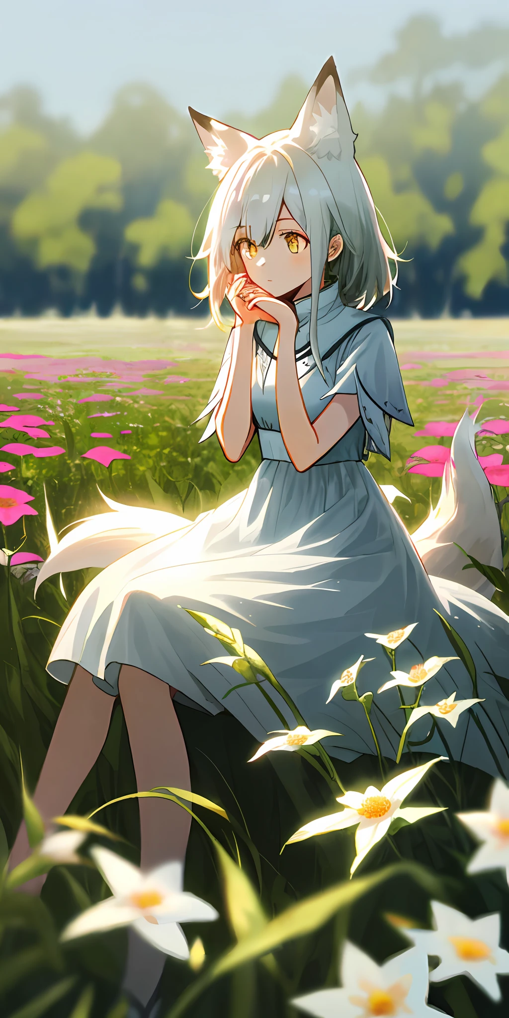 (tmasterpiece,best qualtiy),White fox head,Girl body sitting in field of greenery and flowers,her hand under her chin,warmly lit,white dresses,Blurred foreground