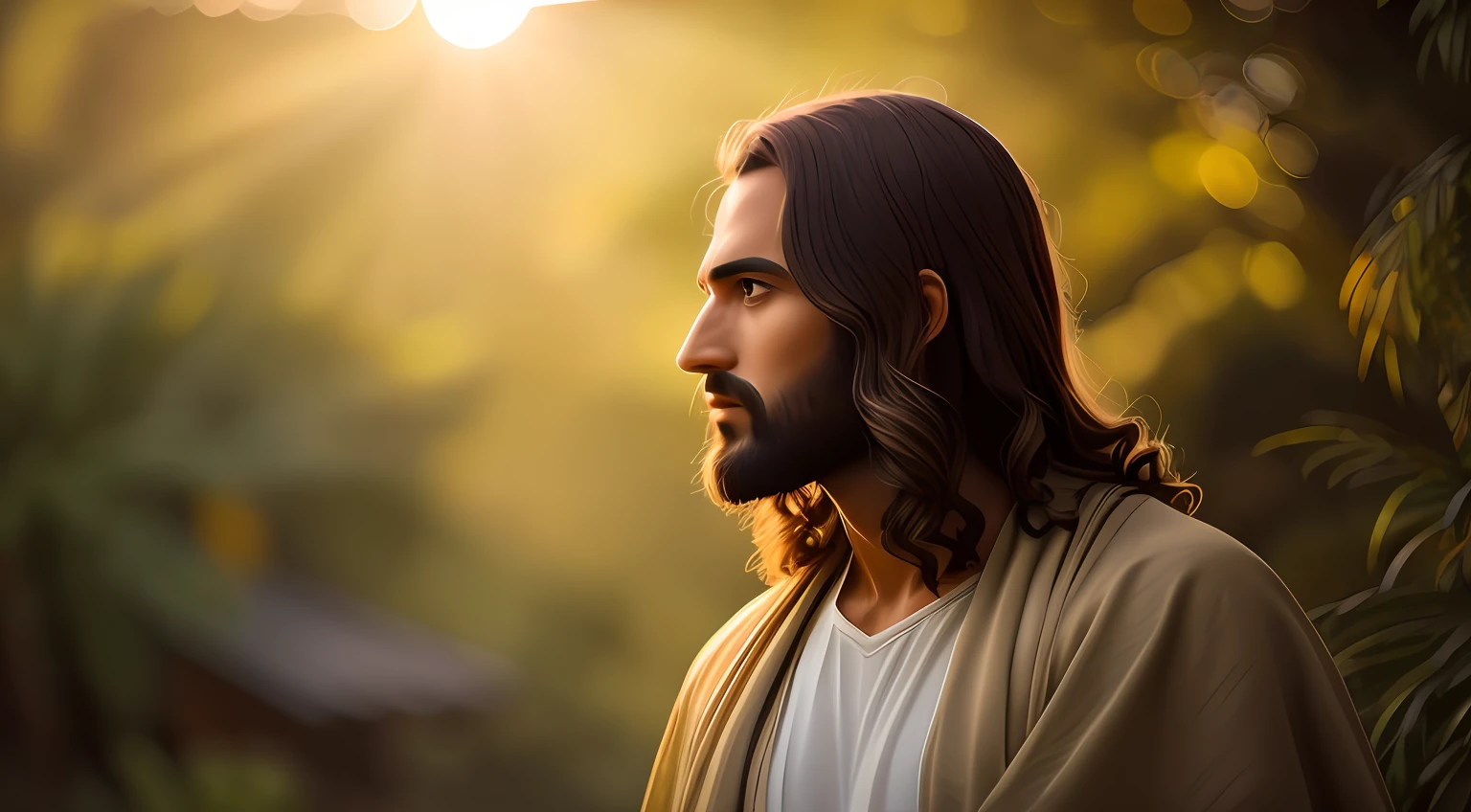 Homem de cabelos compridos e barba vestindo uma camisa branca, Retrato de Jesus Cristo, Jesus Cristo, Jesus, rosto de Jesus, jesus of nazareth, O Senhor e Salvador, banhado em luz dourada, beautiful man, Vestido como Jesus Cristo, sun behind him, Obra-prima da luz brilhante, holy man looking down at the ground, sua mente contemplando a eternidade