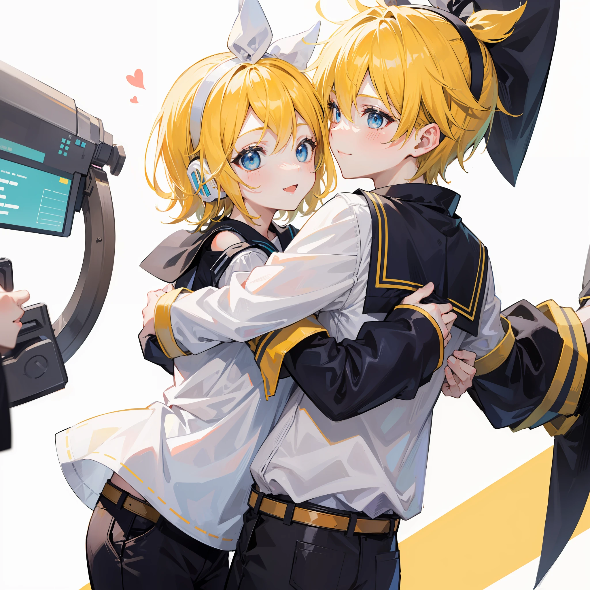 best quality, ultra precision, only two person, one boy and one girl, (a boy is Kagamine_Len), (a girl is Kagamine_Rin), blue eyes, cute, short hair, head phone, blond hair, sailor uniform, black short pants, belt, yellow necktie, smile, , twins, love each other, siblings, children, (boy is as tall as girl), kids, characters focus, couple, love each other, white background, look at each other, platonic love, cool boy, cute girl, (hug), cowboy shot, blush, about to kiss, boy is cowlick, little boy