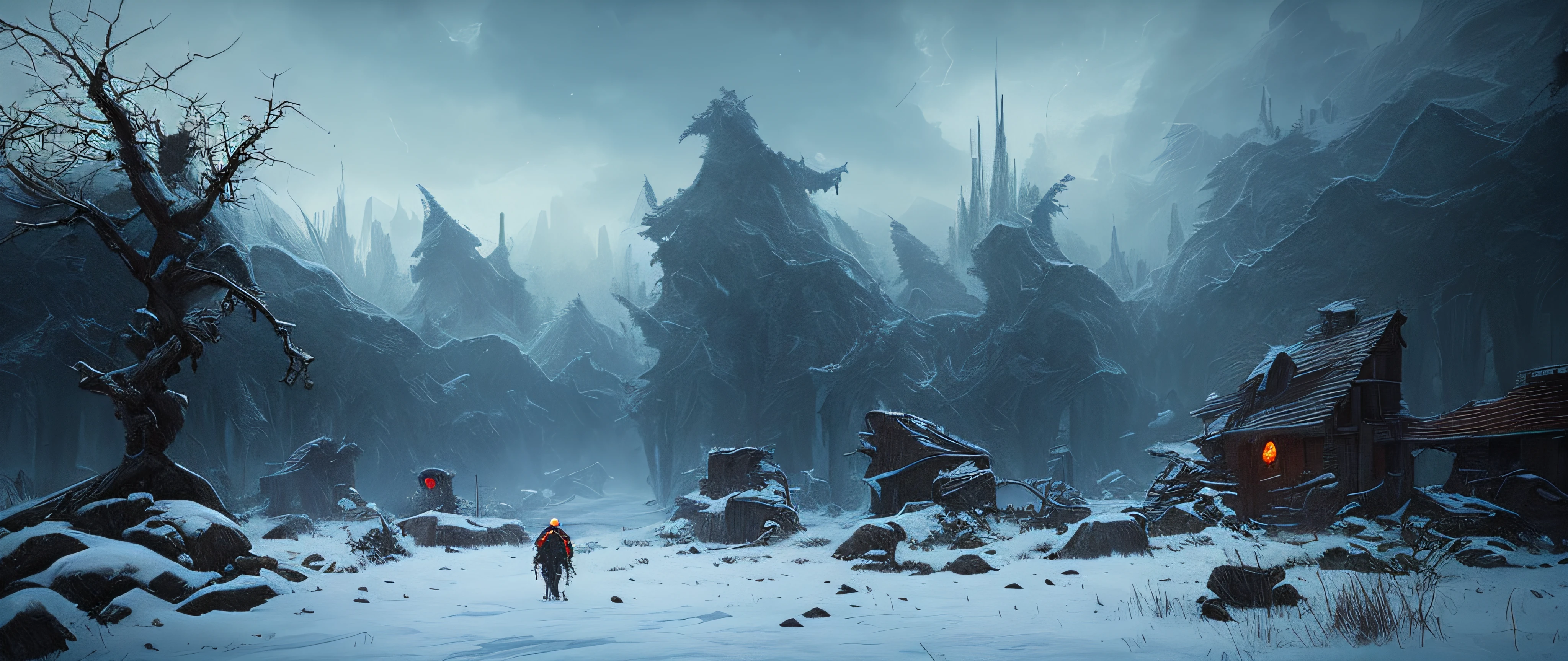 (masterpiece), icy monsters, (decrepit setting), danger, dawn, (art by [Bastien Lecouffe-Deharme| Caspar David Friedrich]:1.2), (unreal engine rendering, photorealistic painting, photorealism:1.2), (mysterious)