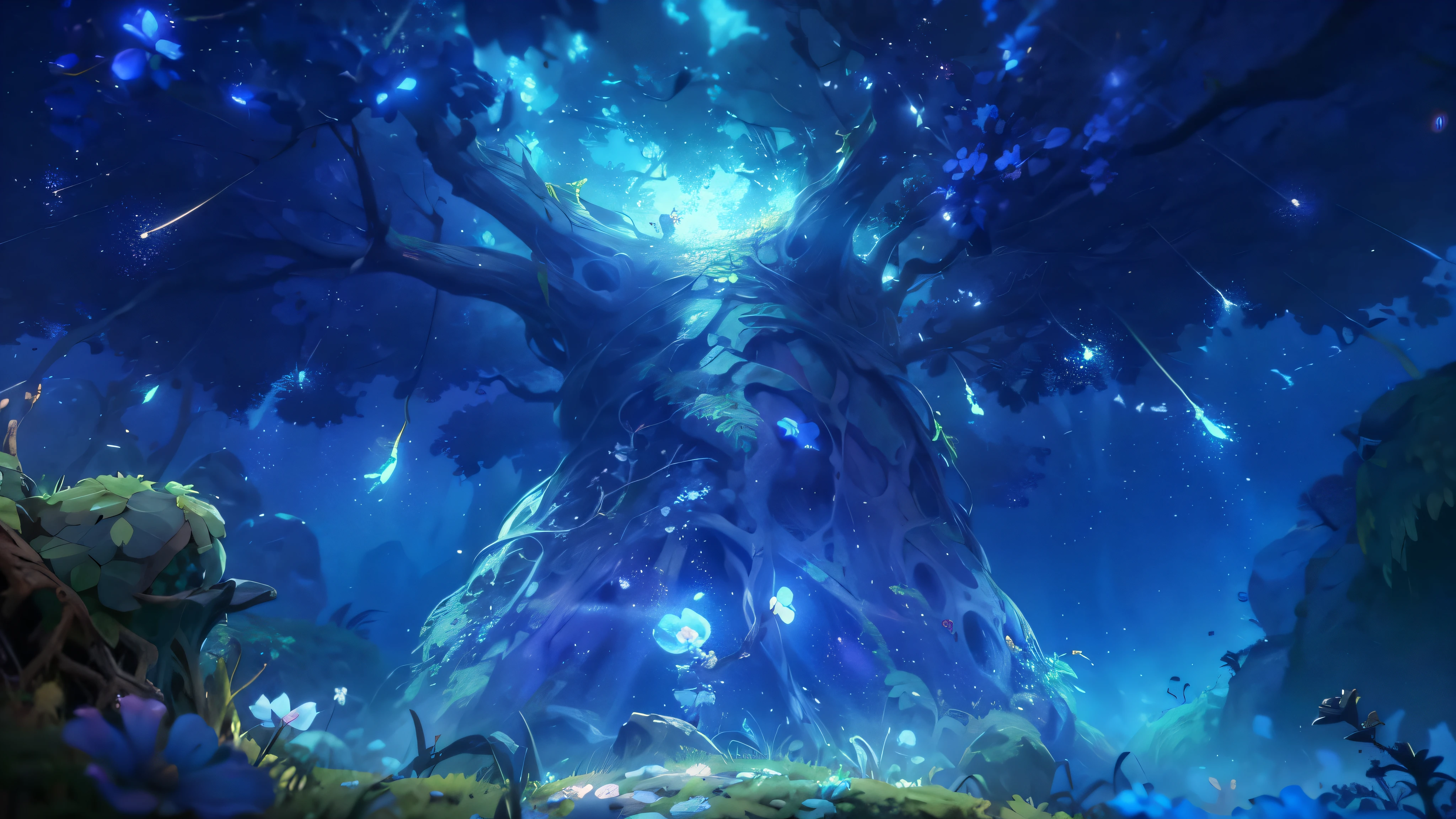 (macro)(Look up), There are scenes in the Dark Forest of Magic Ori(cosmic tree+Fantasy Tree+Fantasy branches+Fantasy vegetation+Fantastic lighting effects+Fantasy flowers and plants), Ori and the Blind Forest,  Feel the cosmic tree of life shrouded in the blue atmosphere，Blue streamer，The center of the World Tree glows blue，background artwork, ori and the will of the wisps，concept art magical highlight，Pixar cinematic style，best qualityer，Optimal material feel，Best results