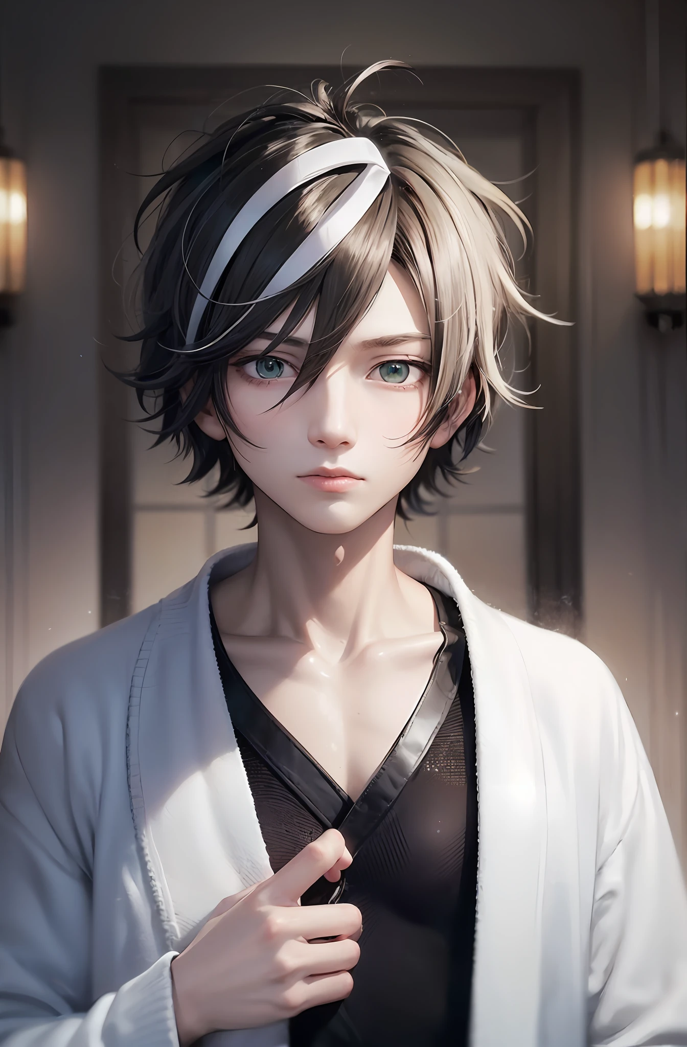Anime, boy, Male, short black messy hair, a white streak running through the hair, slim body, green eyes, wearing a dressing gown with a black headdress, with a white shirt, looking at the viewer, 8k, 20 years old, male character, gloomy environment, magical beings around --auto --s2