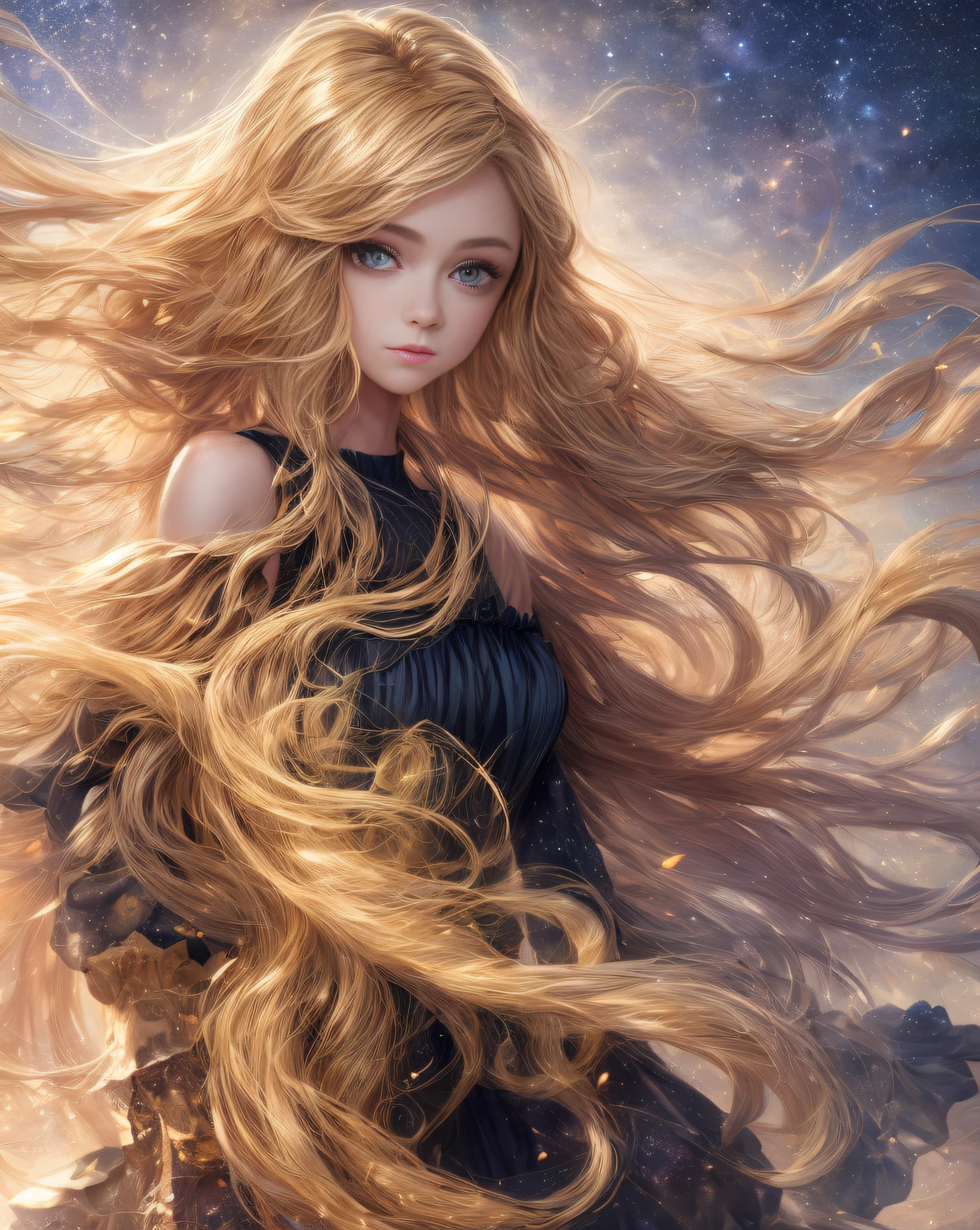 (best quality, masterpiece), young woman, pose, particle, wind, flower, upper body, simple background, looking at viewer, long curly windblown blonde hair, galaxy,backlit,rimlight,beautiful artwork,perfect composition