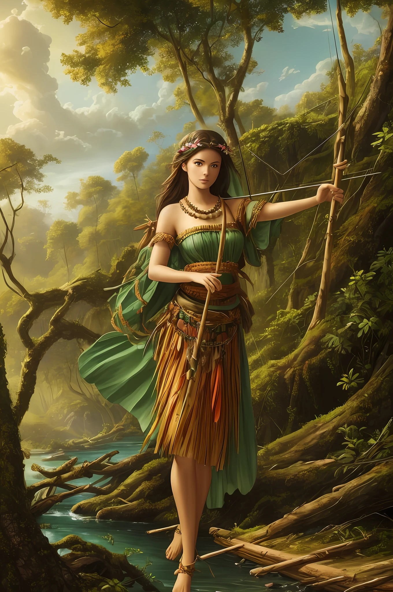 (digitial painting),(best qualtiy),Close-up of a beautiful woman,(((Draw a bow and shoot arrows))),Tropical tribe dress-up,Wear a hula skirt,Deerskin chest,Barefoot,Carry quiver,In tropical primeval forests,Green moss in the background,Small rivers,grape trees,Huge trees,Cover the sky,Fallen trees,8K hyper-realism,Strong color scheme,gentle illumination, prime time, Enigmatic Atmosphere, --auto