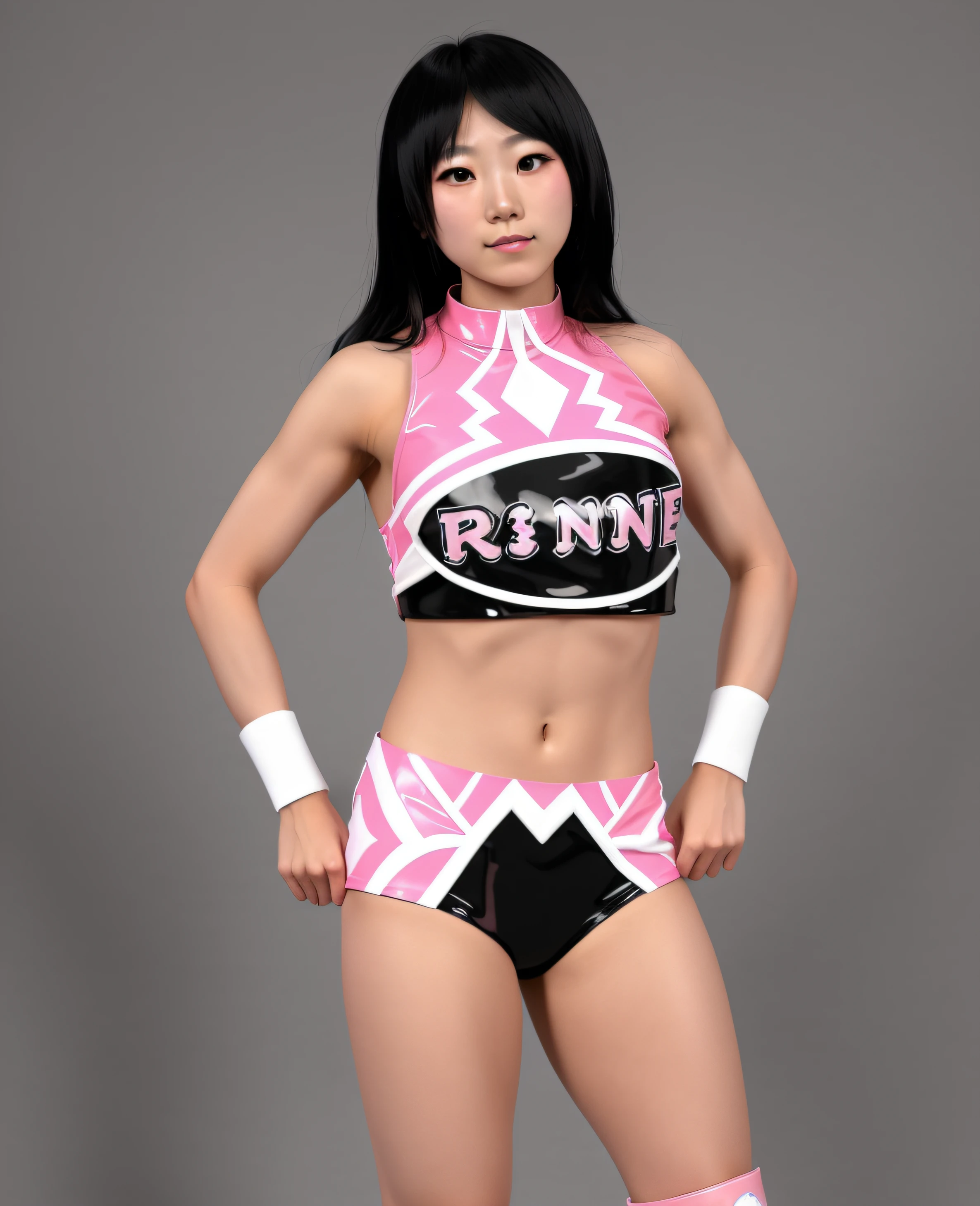 ((masterpiece, best quality)), Cute Young Japanese female wrestler, in pink white and black vinyl top that says "RINNI", pink white and black vinyl trunks, white wristbands, pink white and black vinyl knee-pads, photo realistic, intricate details