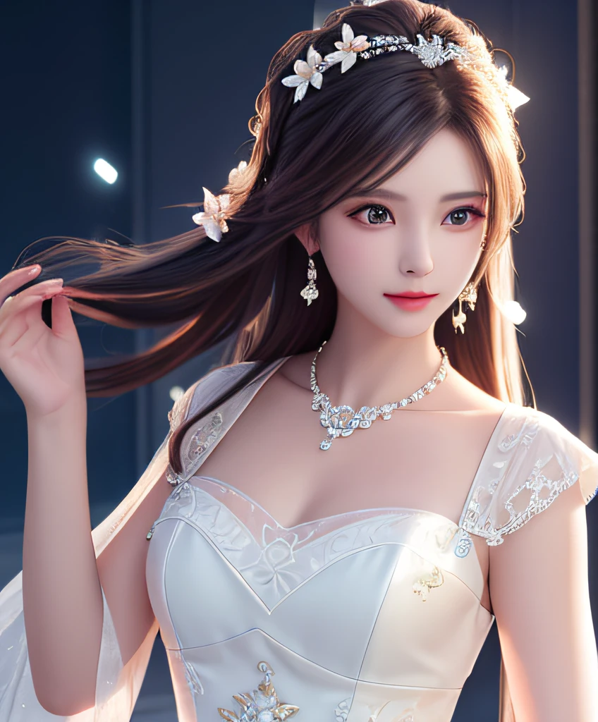 Best quality, masterpiece, high resolution, 1girl, porcelain dress, hair accessories, necklace, jewelry, beautiful face, on the body, Tyndall effect, realistic, dark studio, edge lighting, two-tone lighting, (high detail skin: 1.2), 8k UHD, dslr, soft light, high quality, volumetric light, candid, photo, high resolution, 4k, 8k, background blur,