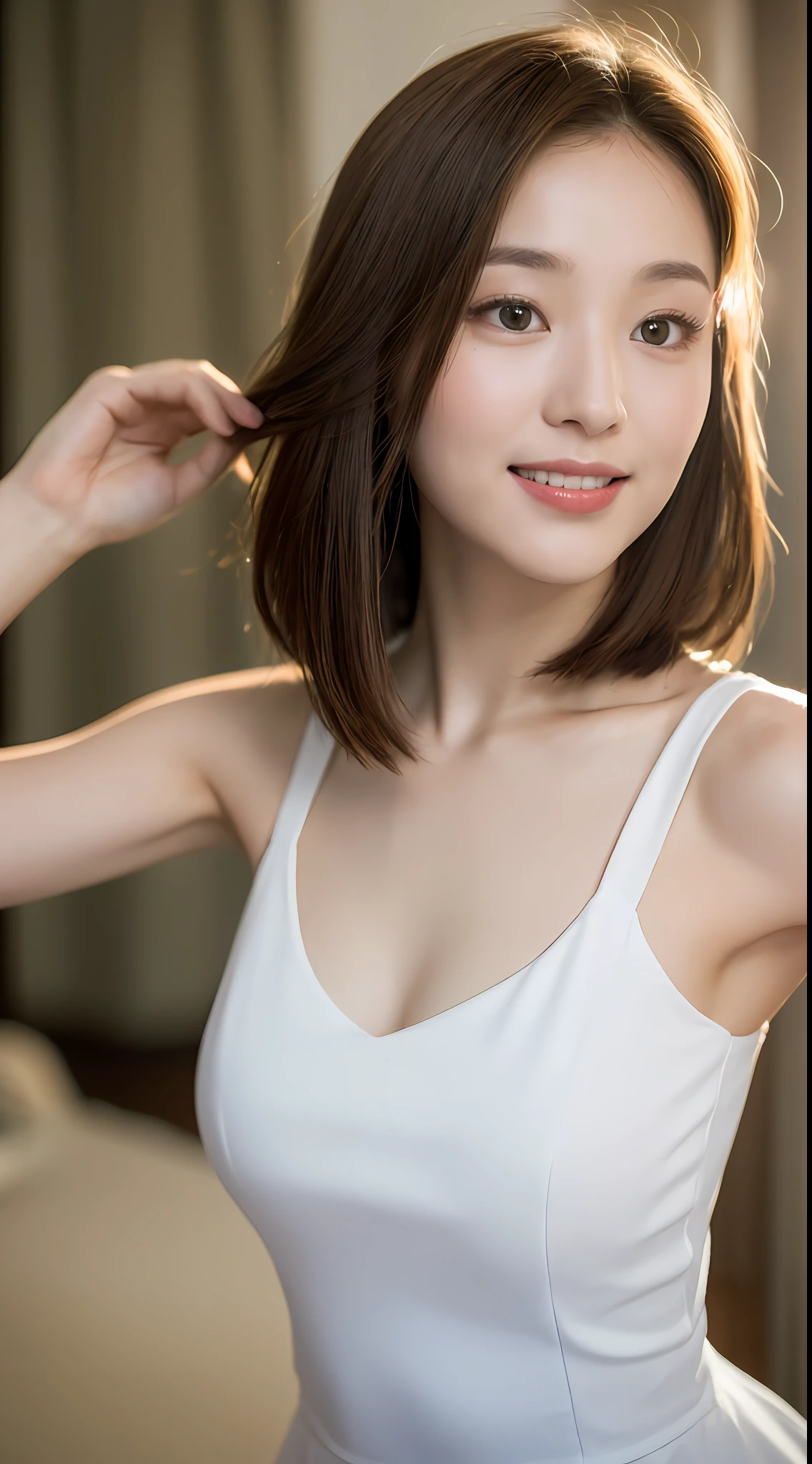 ((Best Quality, 8K, Masterpiece: 1.3)), 1 Girl, Slim Abs Beauty: 1.3, (Hairstyle Brown Hair Shortcut, Big: 1.2), Dress: 1.1, Super Slender Face, Delicate Eyes, Double Eyelids, Smile, Home, Raw Photo