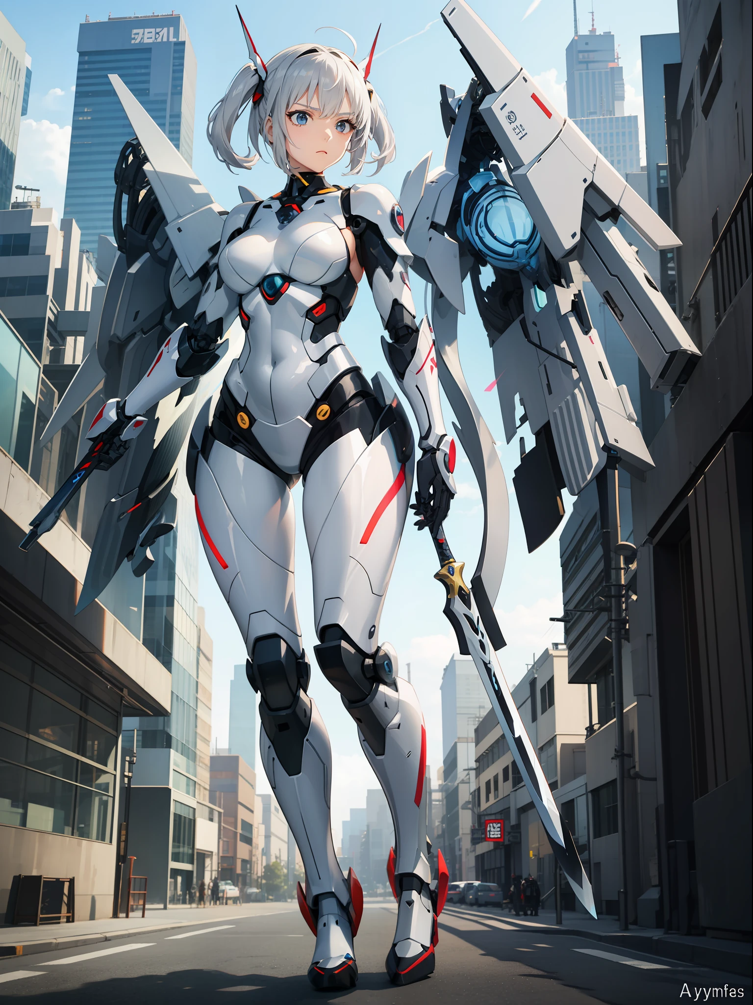Anime figure, girl in mecha cyber armor, Perfect anime woman,Anime shoujo mecha, female mecha, anime robots, Cute girl with room and deep ditch,Anime girl, Best anime 4k , Beautiful woman organic blend, Mecha suit, Beautiful white girl melancholy expression Rei Ayanami,full metal armor,Stand with a sword in hand, Sword in both hands Zero machine background, Ultra-transparent steel wings, Metal badge pattern