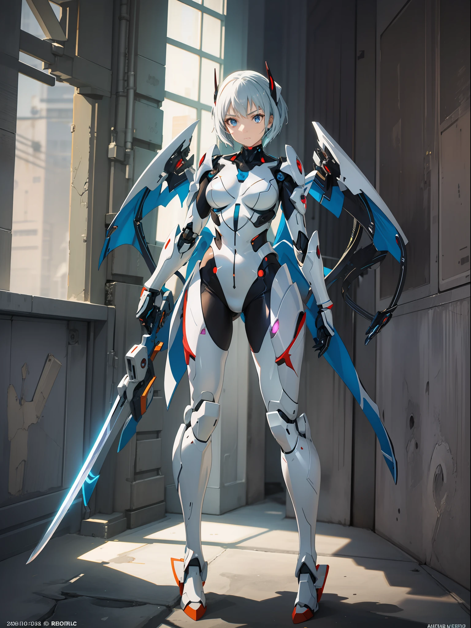 Anime figure, girl in mecha cyber armor, Perfect anime woman,Anime shoujo mecha, female mecha, anime robots, Cute girl with room and deep ditch,Anime girl, Best anime 4k , Beautiful woman organic blend, Mecha suit, Beautiful white girl melancholy expression Rei Ayanami，full metal armor，Stand with a sword in hand, Sword in both hands Zero machine background, Ultra-transparent steel wings, Metal badge pattern