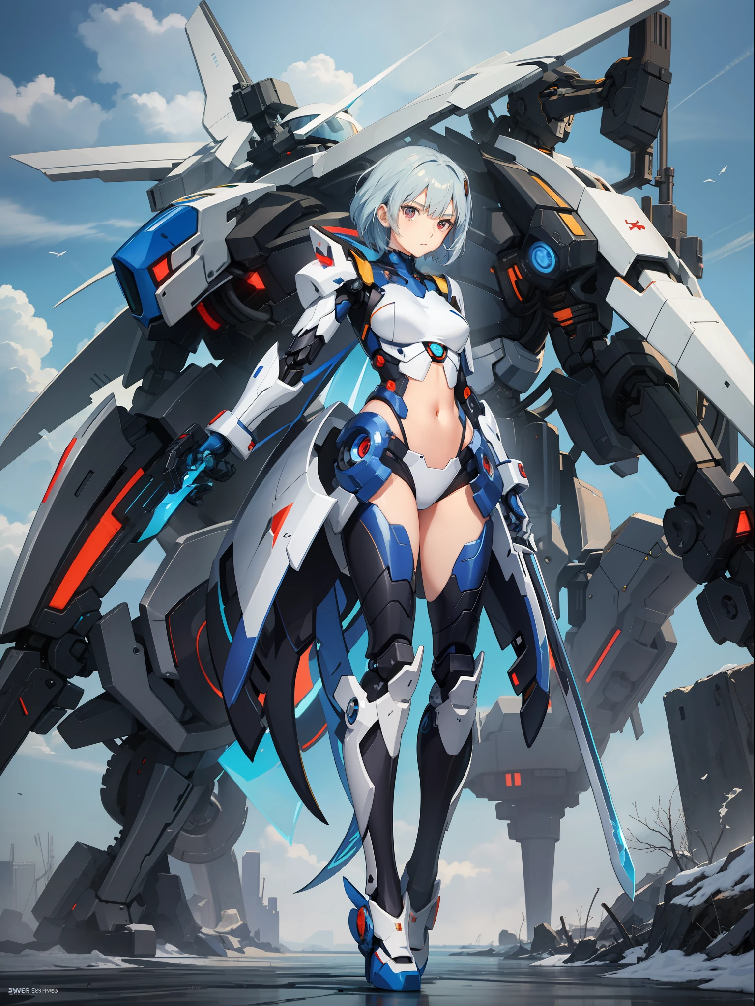 Anime figure, girl in mecha cyber armor, Perfect anime woman,Anime shoujo mecha, female mecha, anime robots, Cute girl with room and deep ditch,Anime girl, Best anime 4k , Beautiful woman organic blend, Mecha suit, Beautiful white girl melancholy expression Rei Ayanami,full metal armor,Stand with a sword in hand, Sword in both hands Zero machine background, Ultra-transparent steel wings, Metal badge pattern