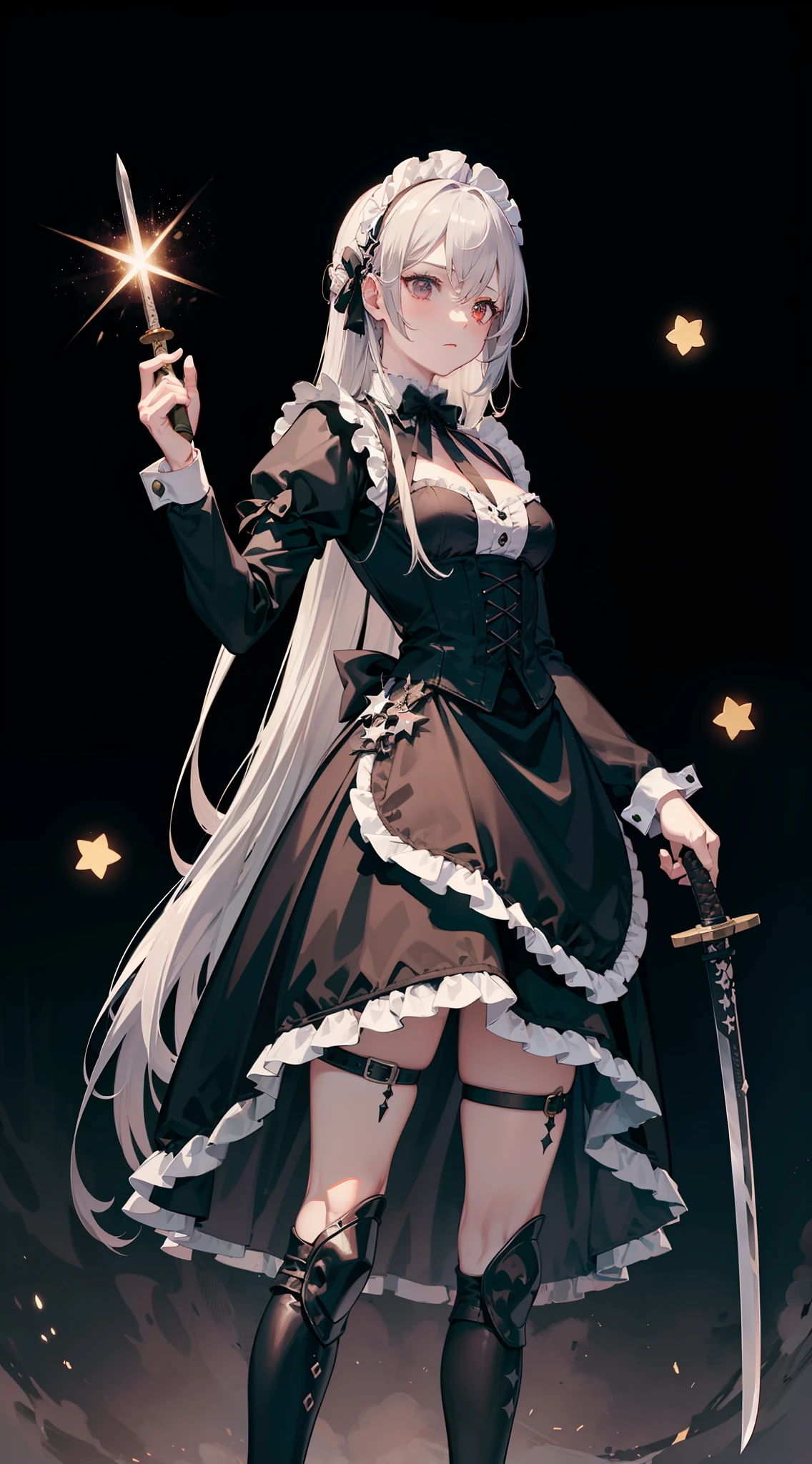 A stoic pale skinned maid with long silver hair, wearing a Gothic ta uniform with knives and throwing stars strapped to her legs, katana in hand, standing amid defeated enemies, moonlight, elegant, detailed