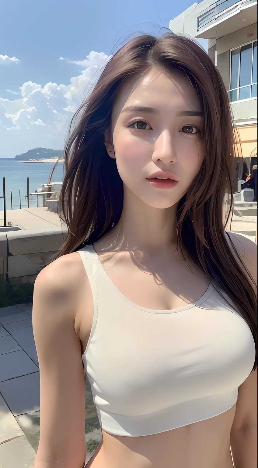 ((Realistic lighting, Best quality, 8K, Masterpiece:1.3)), Focus:1.2, 1girl, Perfect Figure:1.4, Slim Abs:1.1, ((Dark Brown Hair)), (White Crop Top: 1.4), (Outdoor, Seaside: 1.1), City Street, Super Fine Face, Fine Eyes, Double Eyelids,