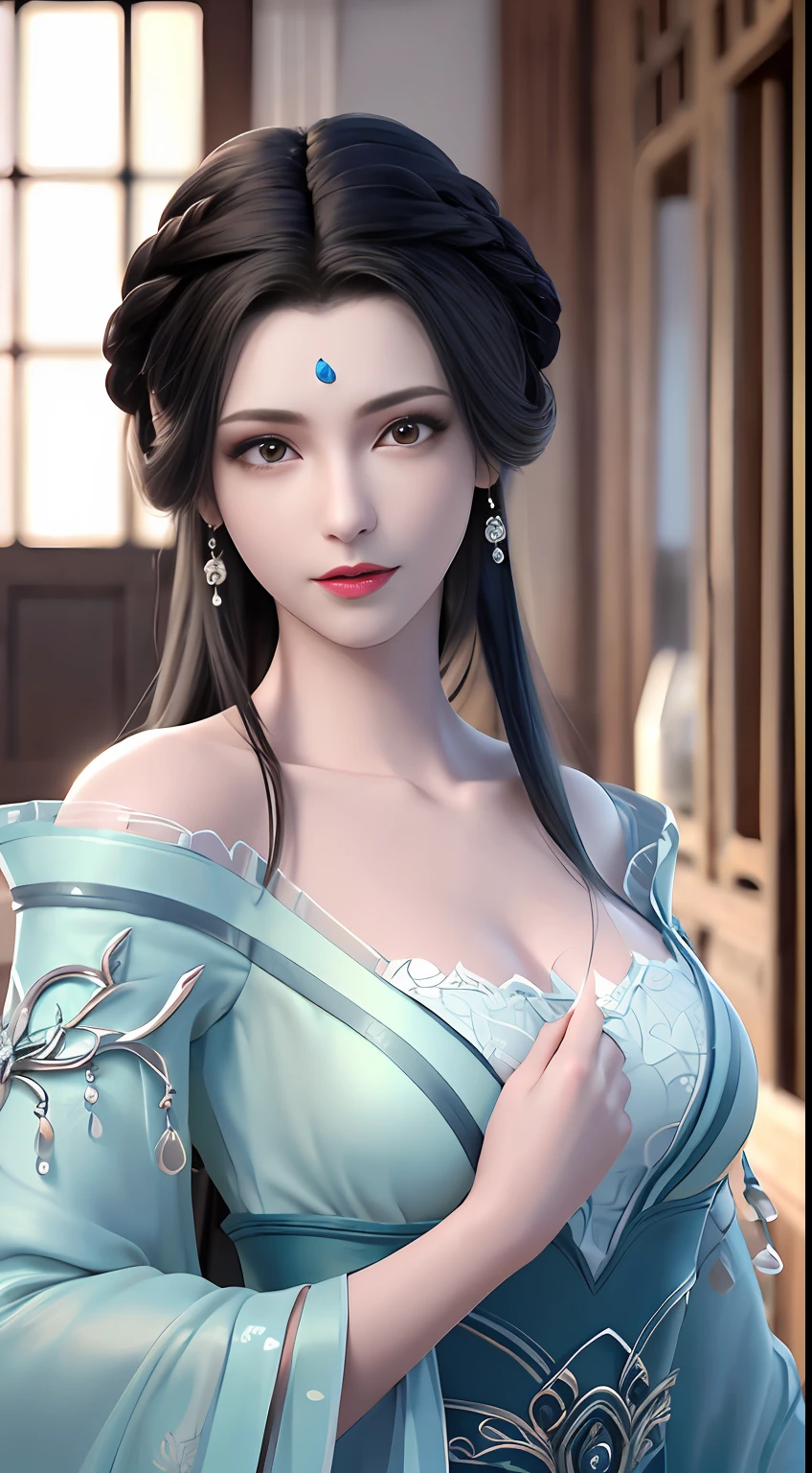 (best quality, masterpiece:1.2), ultra high res, realistic, front lighting, intricate detail, Exquisite details and textures, 1girl, solo ,(young), face highlight, upper body, detailed face, tear mole, white skin, silver hair, ponytail, braid hair, looking at viewer, big eyes, silk robe, (hollow pattern, white, silk), earrings, small breasts, slim body, luxury room, professional lighting, photon mapping, radiosity, physically-based rendering,