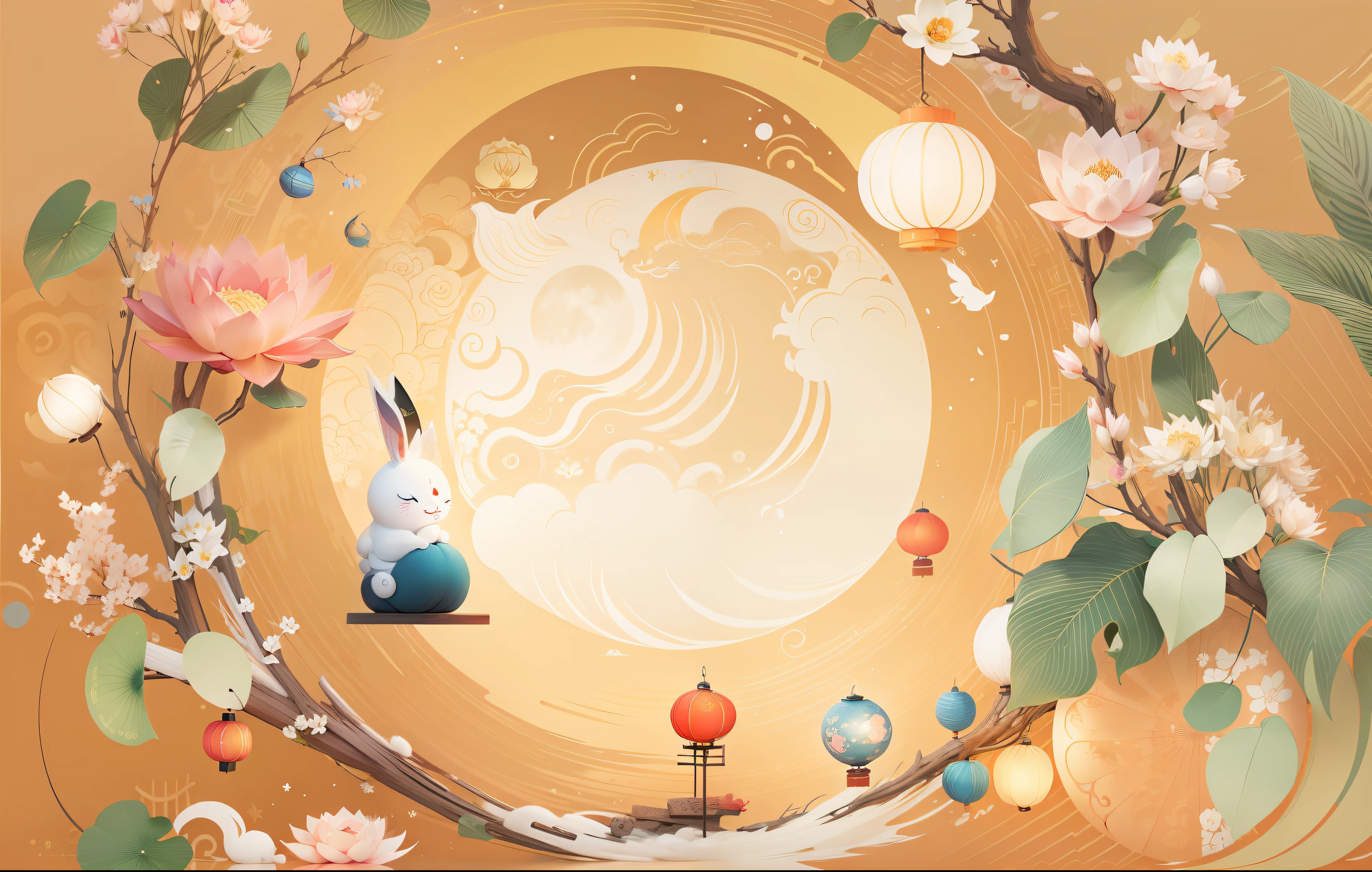 Mid-Autumn Festival Moon Lantern Rabbit Chinese Style Lotus Auspicious Cloud River Hand-painted --auto