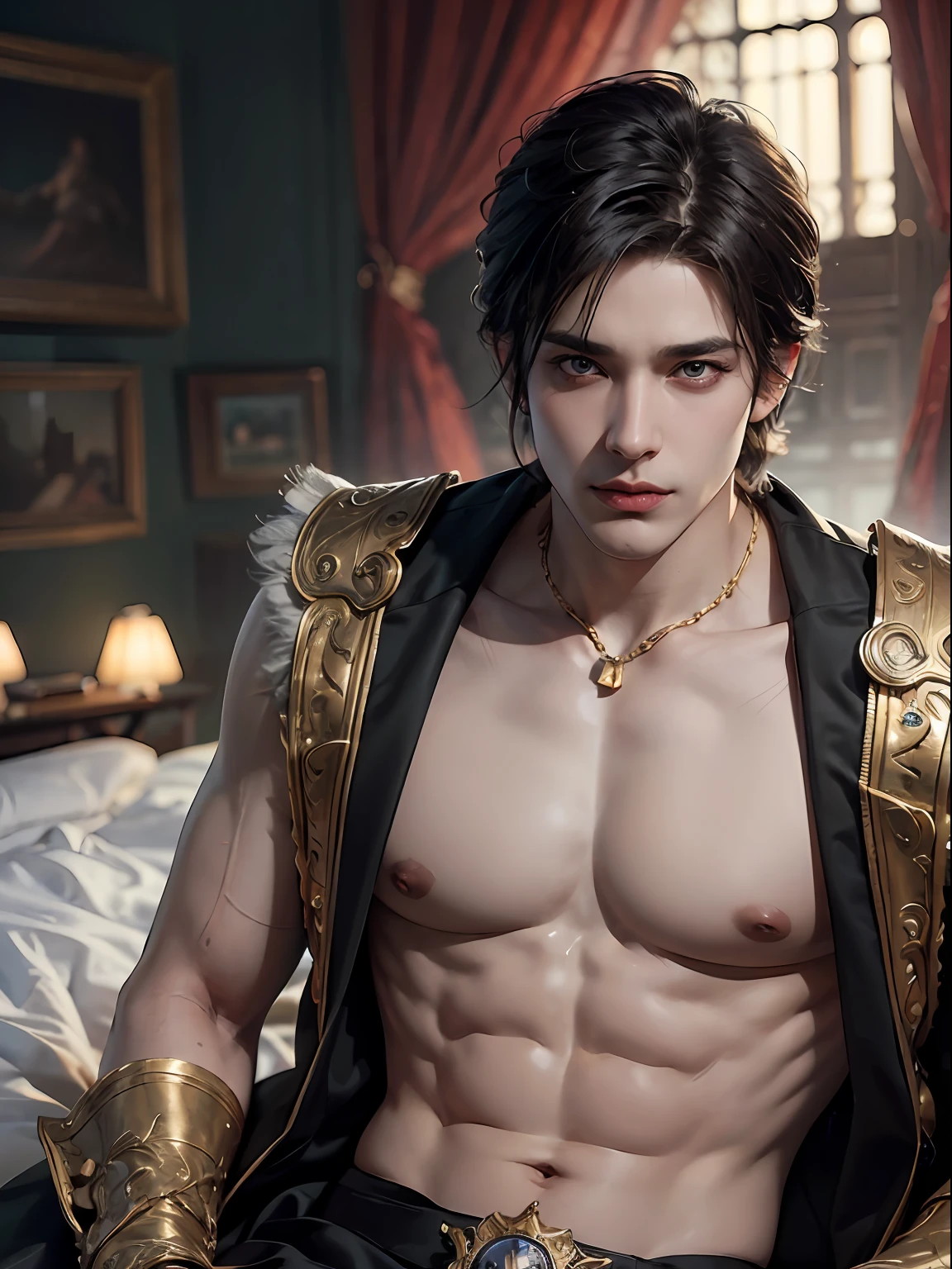 (More than half body) (sitting on the bed half-nakedly) (slightly smirk with pride), 1man, king of Frost, solo focus, adult, pale and young adult face, short black hair, black silk robe with golden lining, erotic, erected, realistic, dynamic pose realistic, detailed and correct facial structure, blades ornaments, LEON S. KENNEDY, handsome, attractive, slightly muscular, cinematic lighting, unreal engine, trending on ArtStation, intricate details, masterpiece, best quality, by Irakli Nadar, Greg Rutkowski,(((best quality))),(((ultra detailed))),(((masterpiece)))