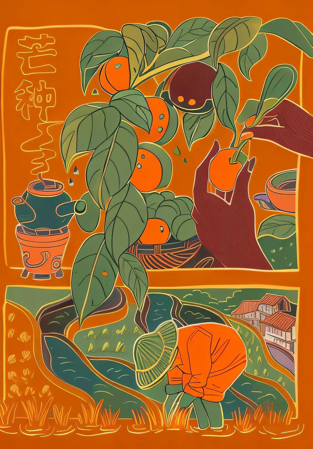 Above is a woman's hand holding an orange，Here's a farmer planting seedlings, rich colours, Japanese illustration style，Ultimate detail，multi-detail， Lots of details,