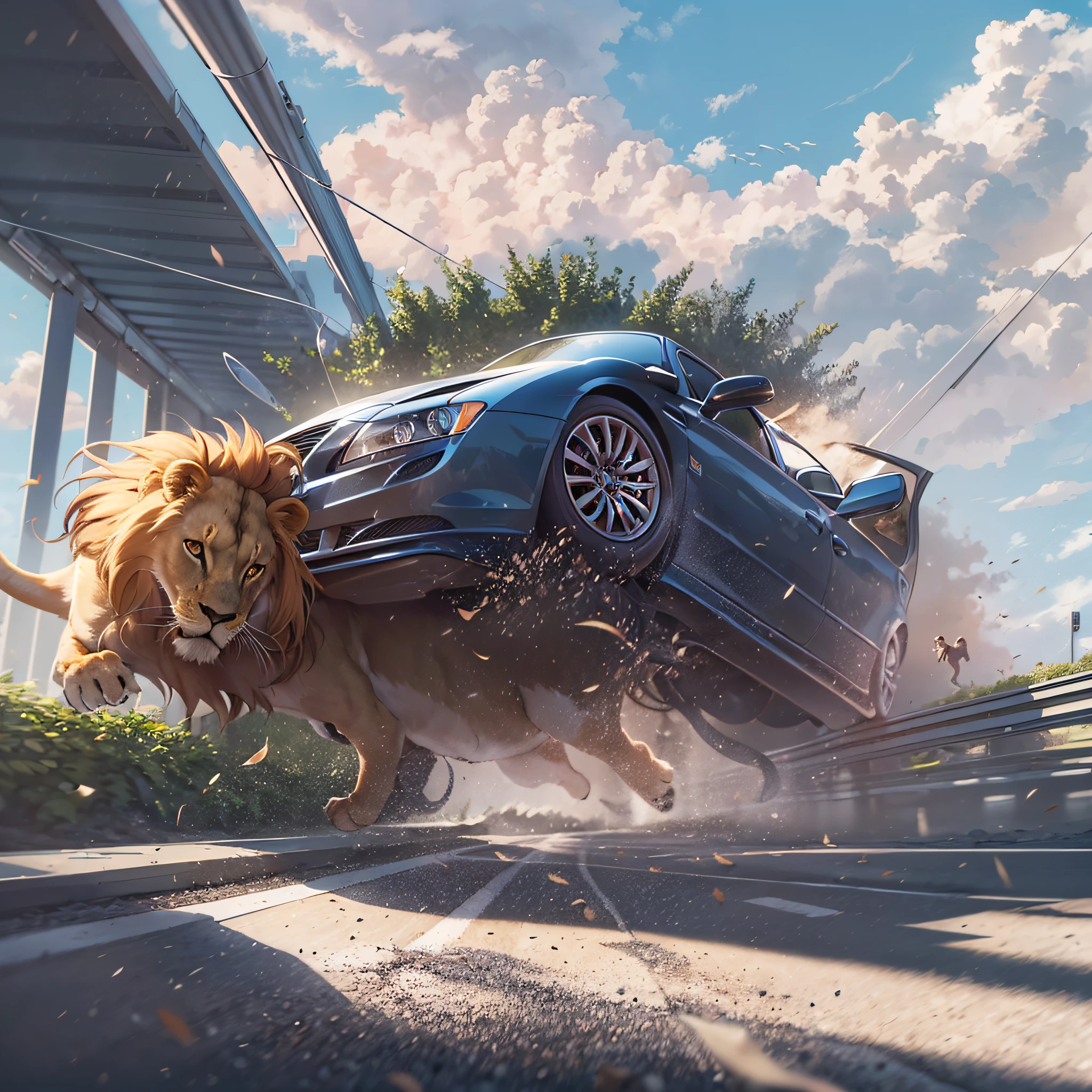 The lion is shown flying several meters on the highway，The car rolls over，Glass breakage，Car accident，Make images more visually striking，best qualtiy，tmasterpiece，4k，Estilo de Makoto Shinkai，illustration