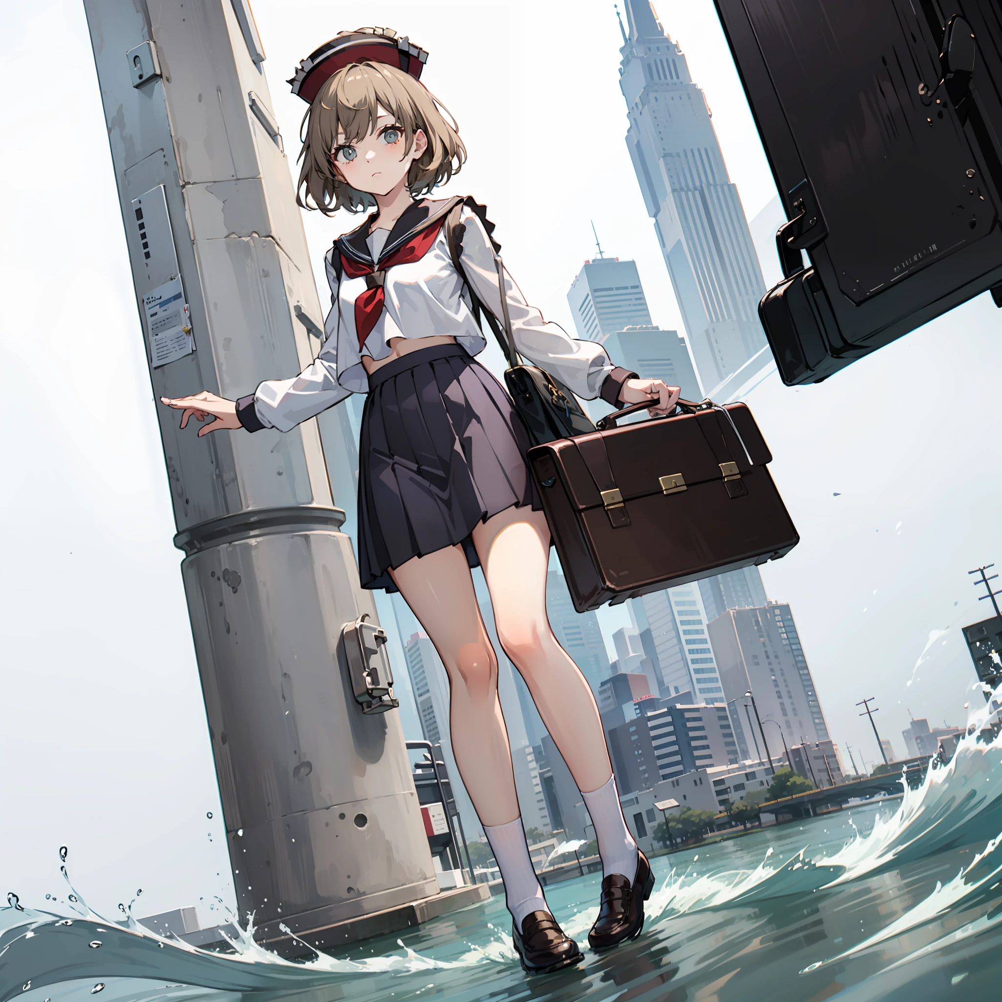 Description of a short-haired young woman holding a briefcase, 1 girl, Solo, Lyrica Prism River, School uniform, Just flat, Skirt, shoes, serafuku, White sailor suit, sox, mary janes, School Background, different costume, Long sleeves, light brown hair, Full body, Looking at Viewer, Short hair