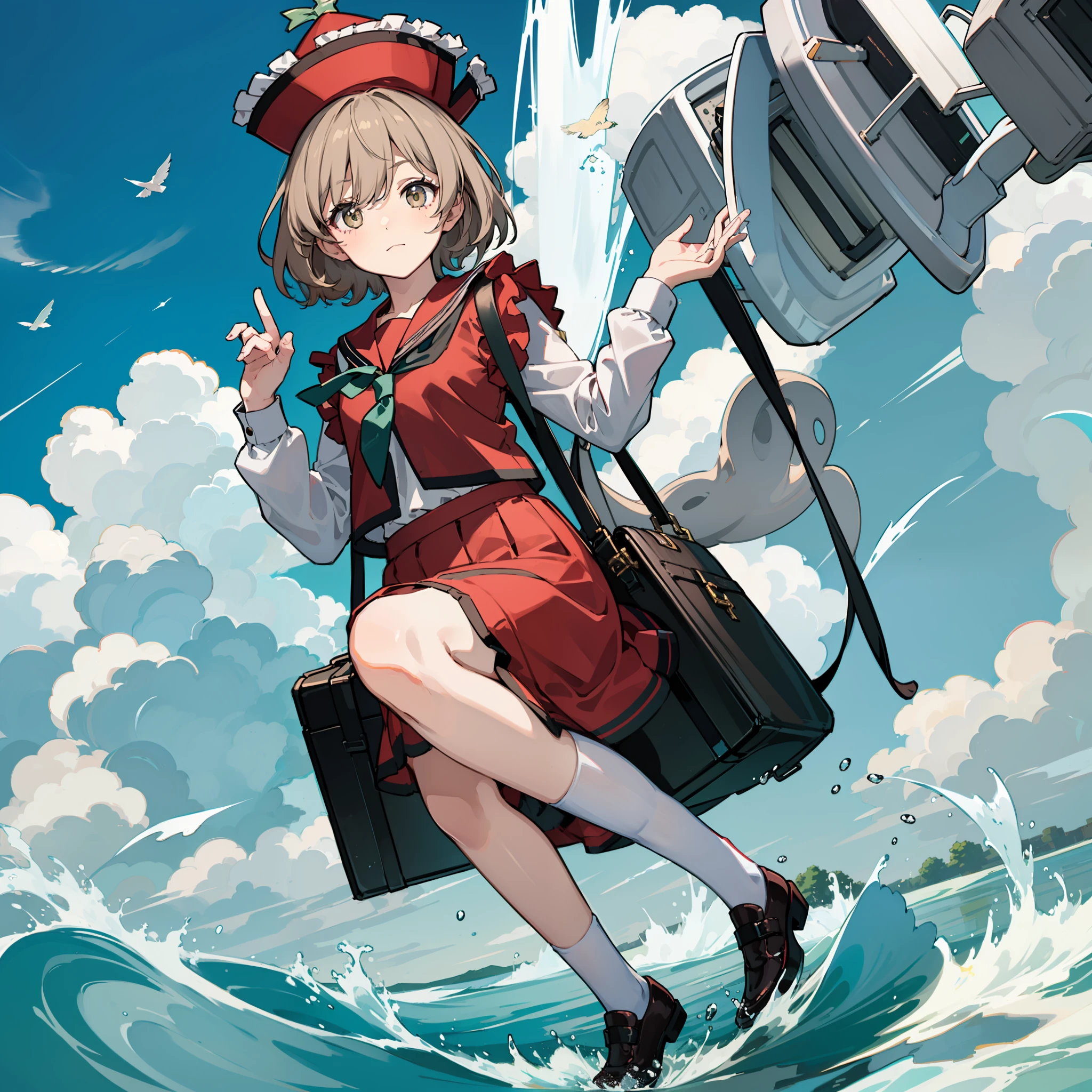 Description of a short-haired young woman holding a briefcase, 1 girl, Solo, Lyrica Prism River, School uniform, Just flat, Skirt, shoes, serafuku, White sailor suit, sox, mary janes, School Background, different costume, Long sleeves, light brown hair, Full body, Looking at Viewer, Short hair