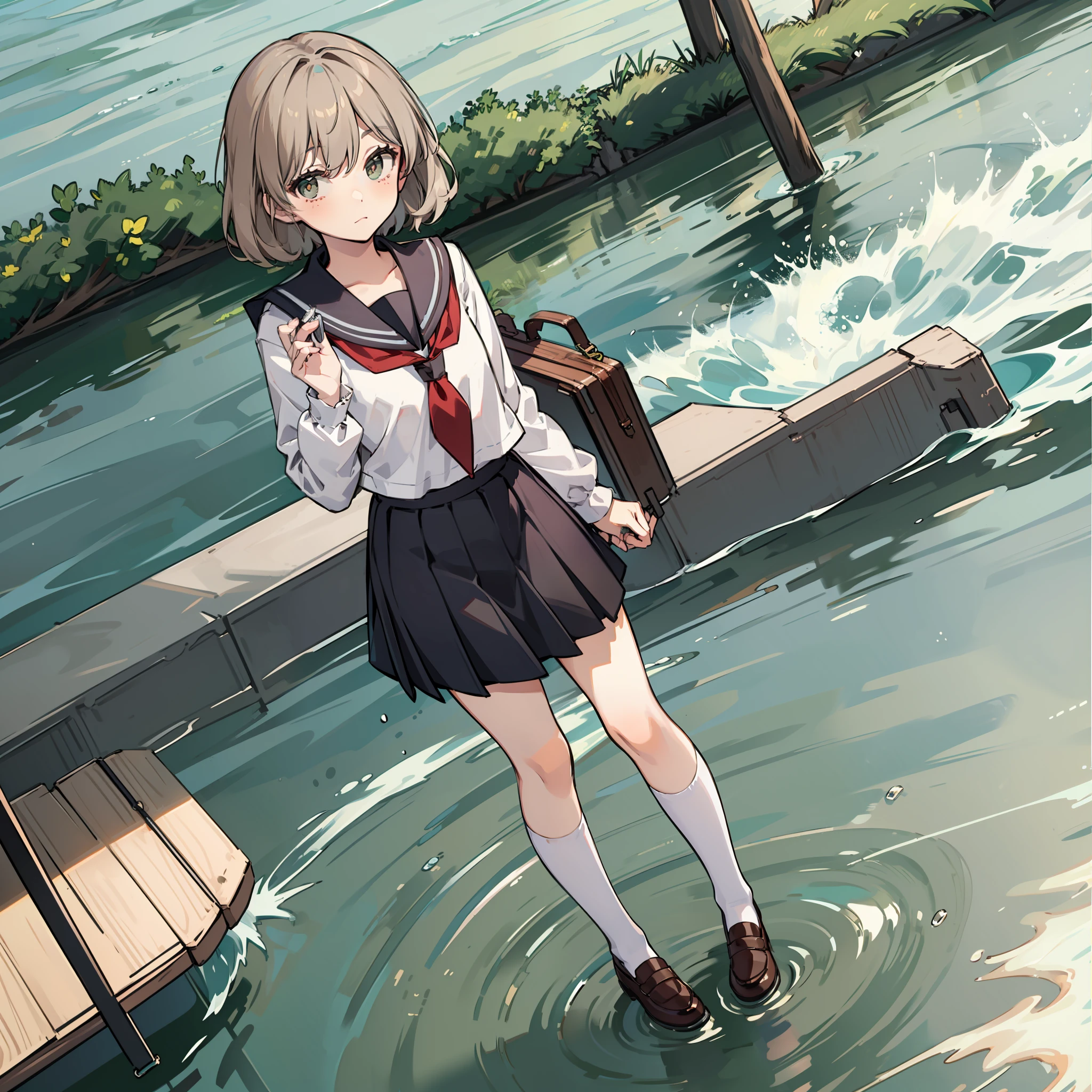 Description of a short-haired young woman holding a briefcase, 1 girl, Solo, Lyrica Prism River, School uniform, Just flat, Skirt, shoes, serafuku, White sailor suit, sox, mary janes, School Background, different costume, Long sleeves, light brown hair, Full body, Looking at Viewer, Short hair