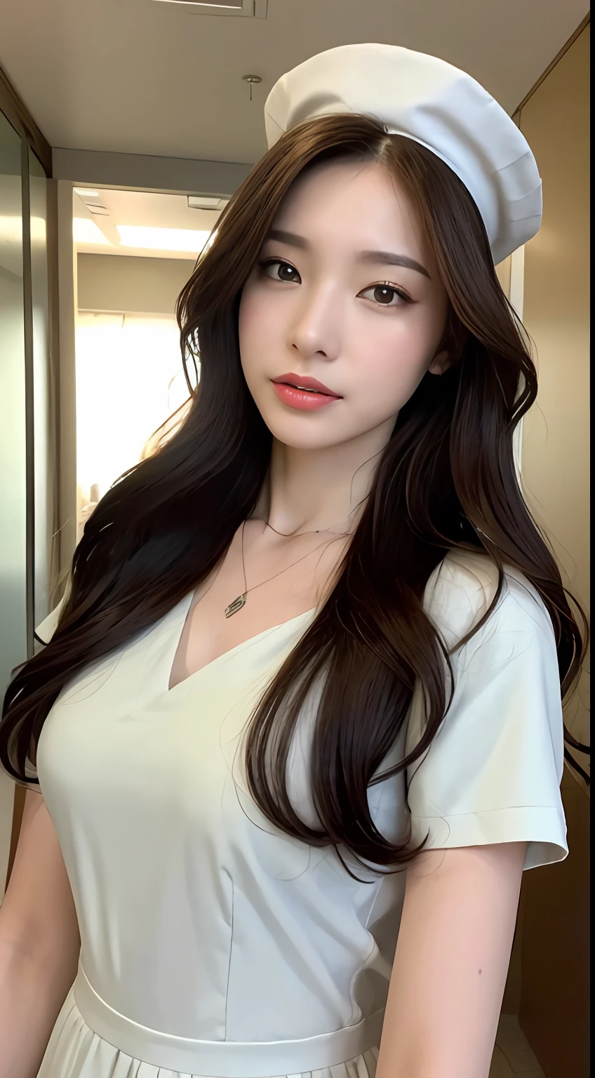 (best qualtiy,A high resolution,tmasterpiece:1.3),A tall beauty with a height of 170cm,Slender abs,Dark brown hair in loose wavy styling,mediuml breasts,Wear a pendant,Nurse uniform top,wearing dresses,Nurse hat,In the hospital corridor,Beautifully rendered details in face and skin textures,Detailed eyes,二重まぶた
