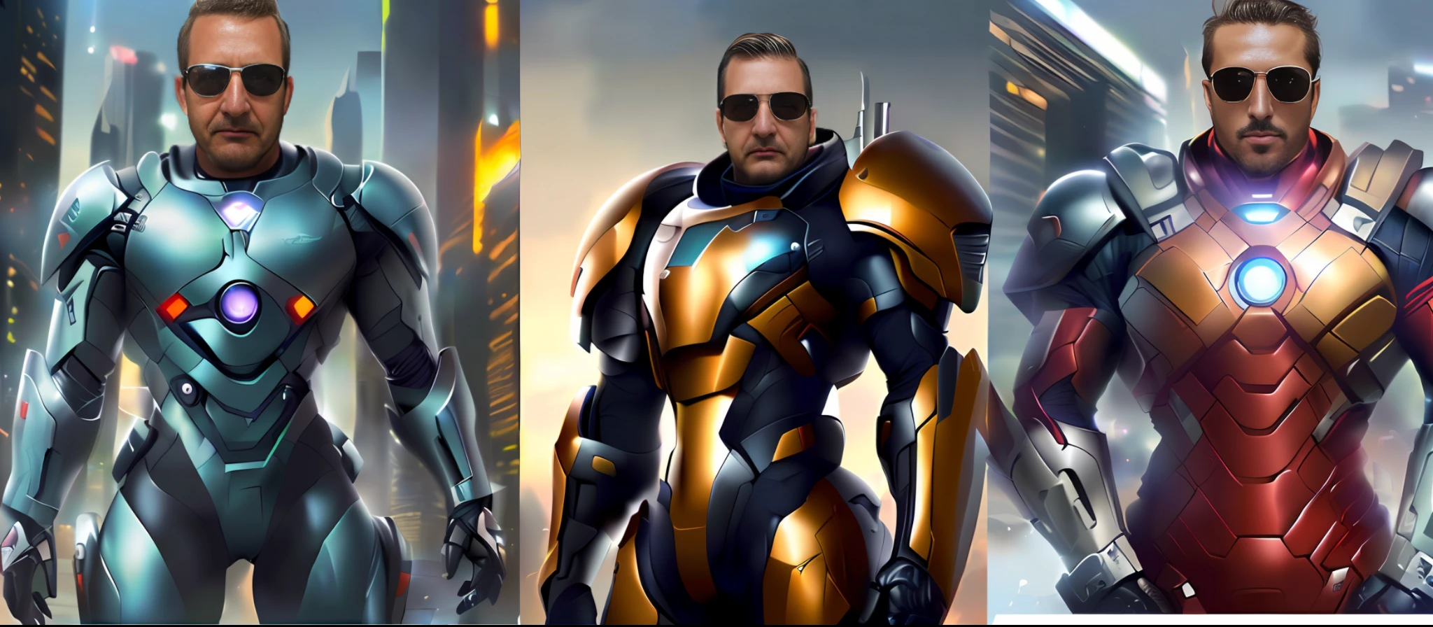 a closeup of two images of a man in a suit and sunglasses, diverse cybersuits, sci fi characters, cybersuits, Epic Sci-Fi Character Art, Epic Sci - Arte do Personagem de Fi:, epic scifi character art, Wojtek FUS, trending in cgsociety, inspirado em Marek Okon, arte do personagem do motor irreal, estilo de efeito de massa, octane trending on cgsociety