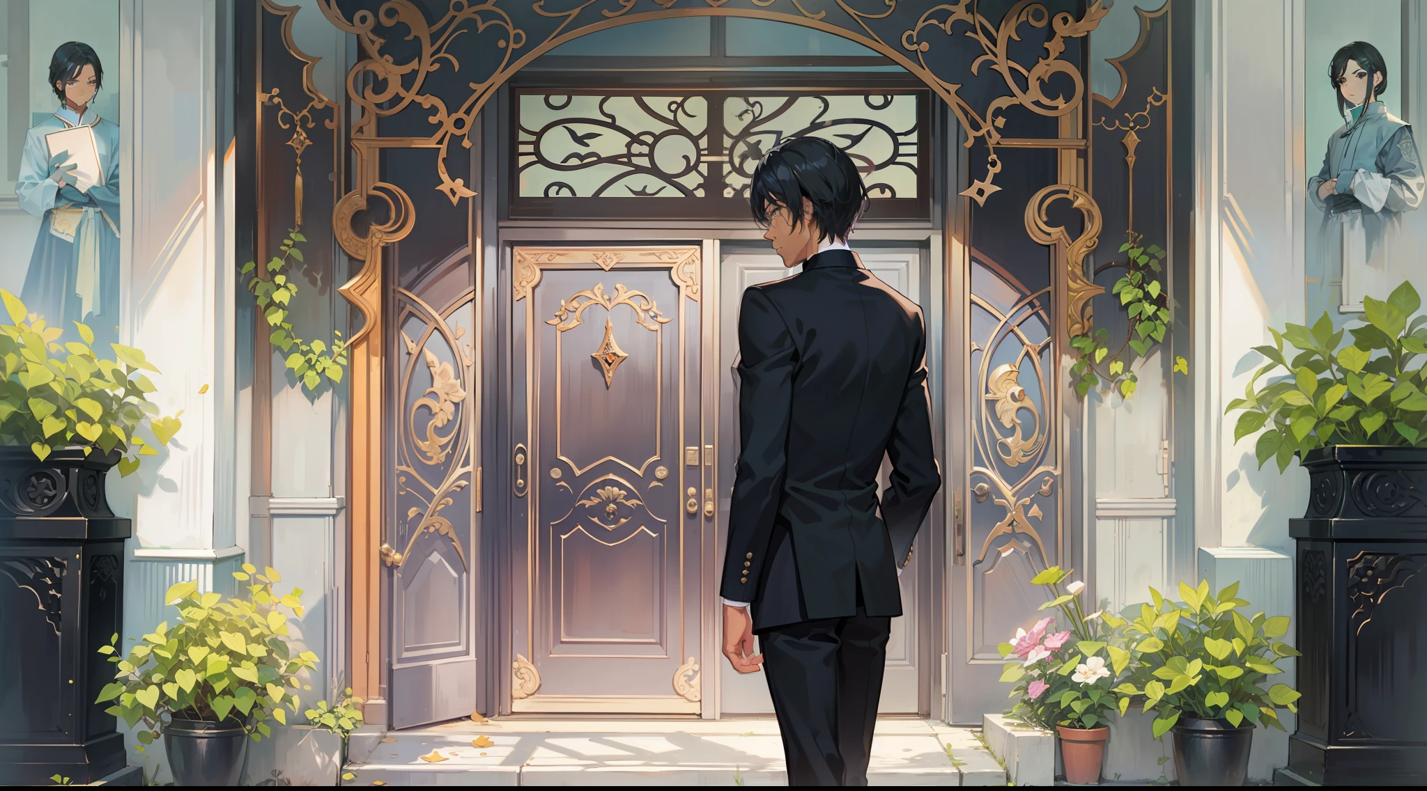 /imagine prompt: I stand in front of the door, the black-clad man staring at me with a look of doubt. I casually close the door and return to the dream, by Manhua --niji 5