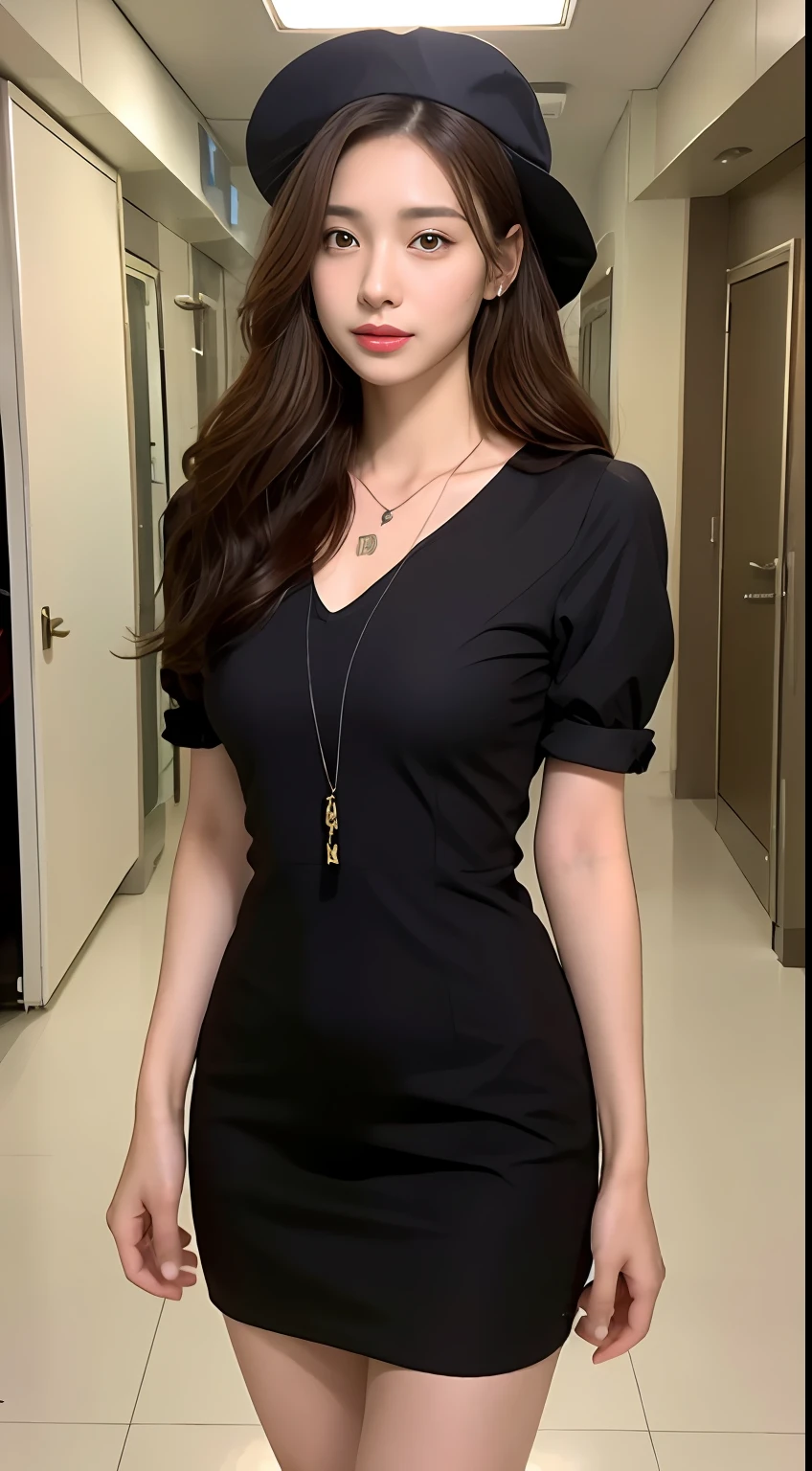 (best qualtiy,A high resolution,tmasterpiece:1.3),A tall beauty with a height of 170cm,Slender abs,Dark brown hair in loose wavy styling,mediuml breasts,Wear a pendant,Nurse uniform top,wearing dresses,Nurse hat,In the hospital corridor,Beautifully rendered details in face and skin textures,Detailed eyes,二重まぶた,Full-body photo of standing
