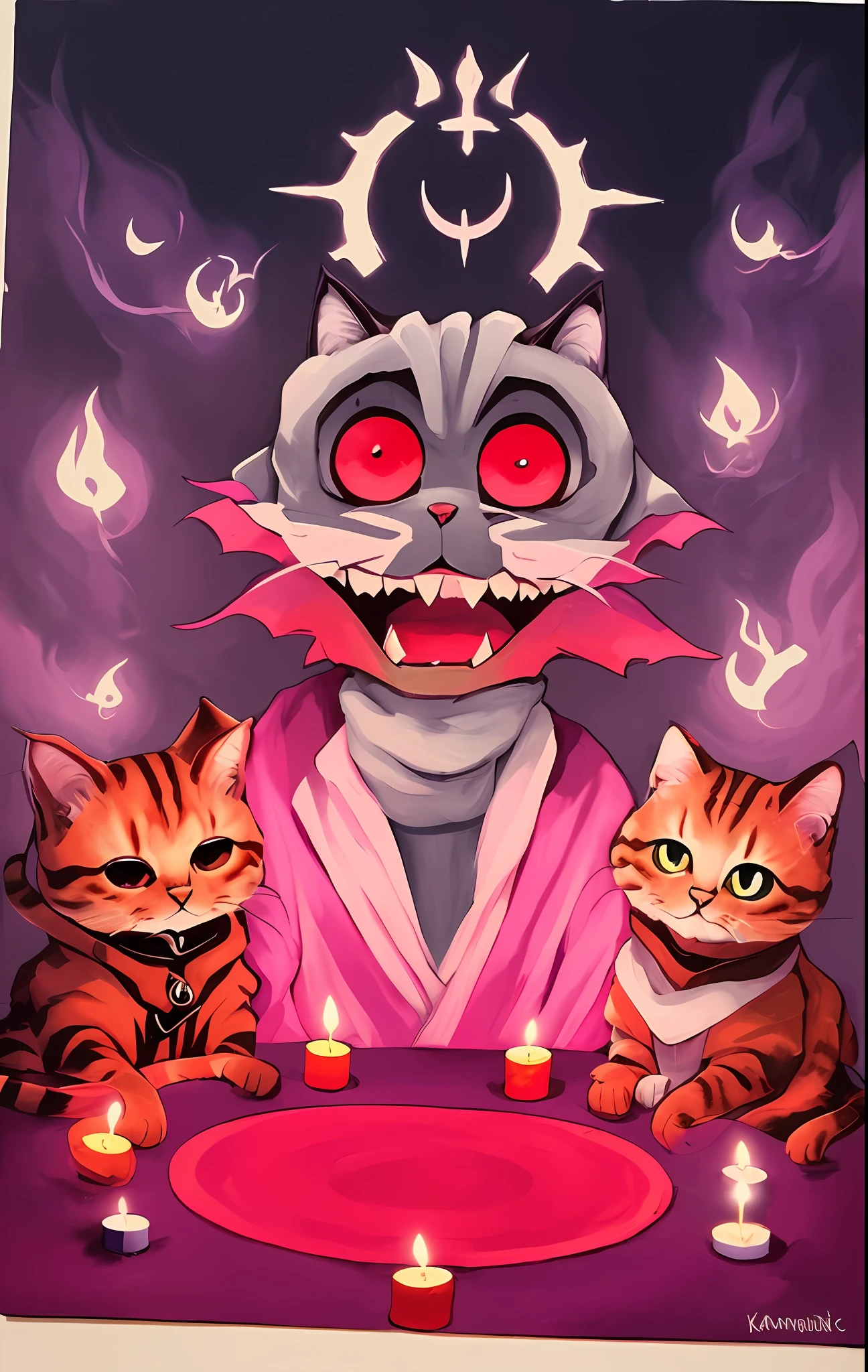 There are three cats sitting around a table with candles, Culto ao Cordeiro, summoning terrible odds, evil realm magic painting vibes, Isaac's Attachment, summoning a demon, O Apego de Isaac, A mufa de Undertale, por Kanbun Master, Arte completa, cute cyber gods, pintado no estilo arcano, ancient demon summoning, Hilic Art