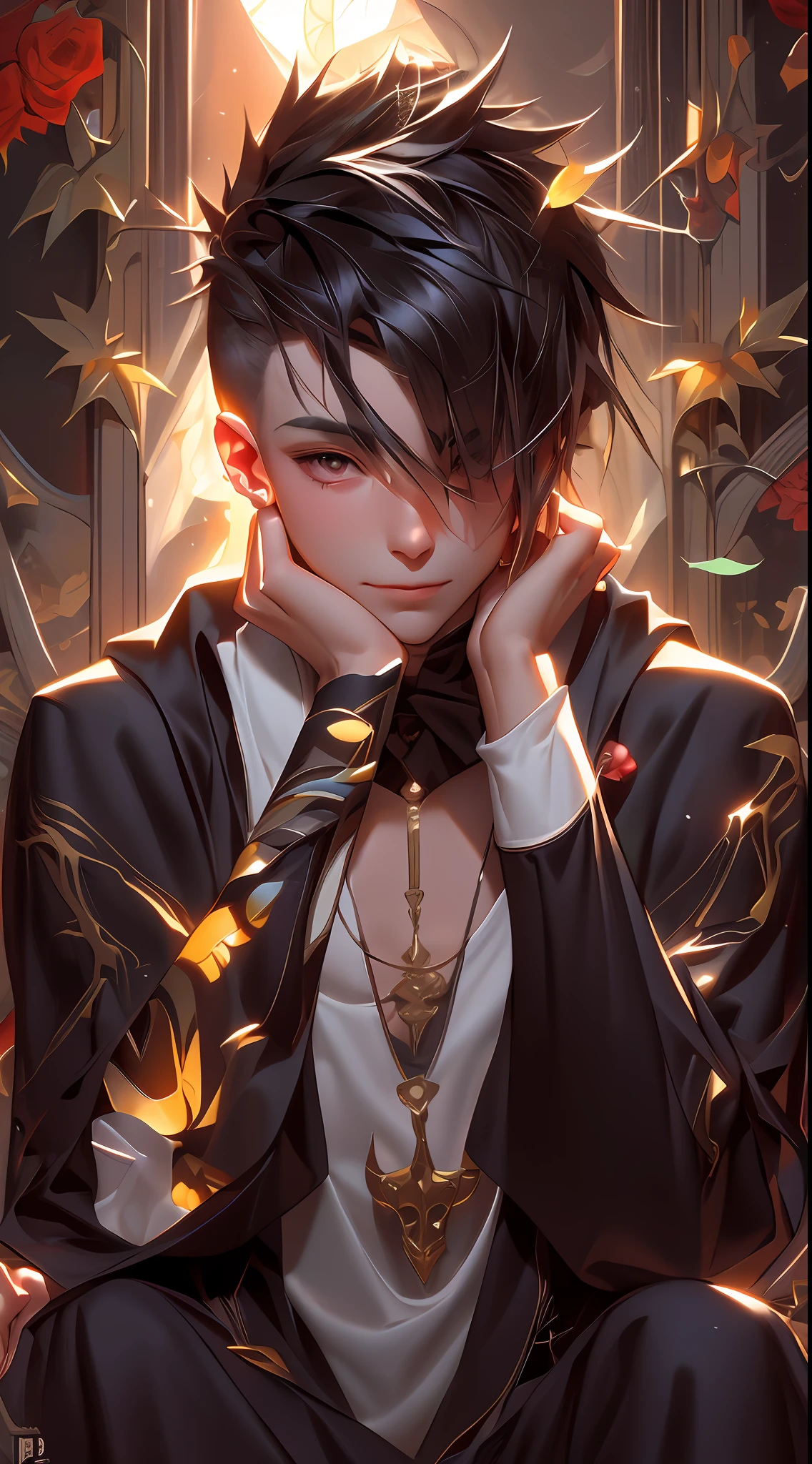 anime boy with tattoos sitting on a bench in front of a stained window, delicate androgynous prince, beautiful androgynous prince, trending on artstation pixiv, anime boy, artwork in the style of guweiz, detailed fanart, high quality portrait, pixiv daily ranking, digital art on pixiv, male anime style, discord pfp, pixiv style,masterpiece, best quality, (extremely detailed CG unity 8k wallpaper), (best quality), (best illustration), (best shadow), absurdres, realistic lighting, (Abyss), beautiful detailed glow