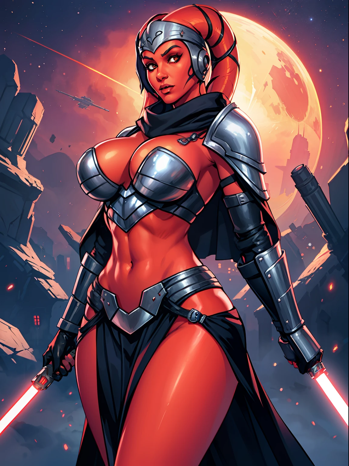 ((red skin), twi'lek), dual red lightsabers, evil space knight, space ninja, (black robes, black stealth armor, breastplate, tunic, tabard, cowl, cloak, body glove, straps, buckles, skirts, long sleeves, fantasy, ((armor))), ((busty), slender body, thin, slim sexy body, slim waist, huge breasts), Imperial starship, Star Wars,