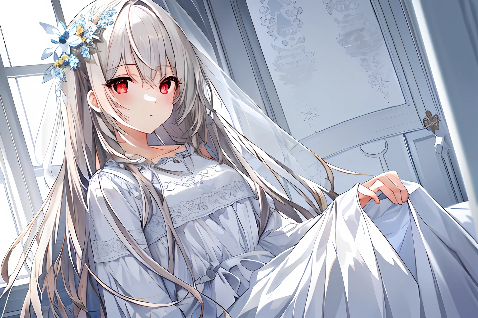 ((tmasterpiece,best qualtiy))++, detailedlight+, Detail hair+, Detail hands+ ,1girll, woman, long whitr hair, Dark red eyes, beautidful eyes, Young gray hair,,,(Beautiful white hair:1.5),(beatiful detailed eyes), A high resolution+,white pajama,white skirt,Glass tones,Reflective eyes,{{Angle}},Very detailed wallpaper,primitive,naturey,