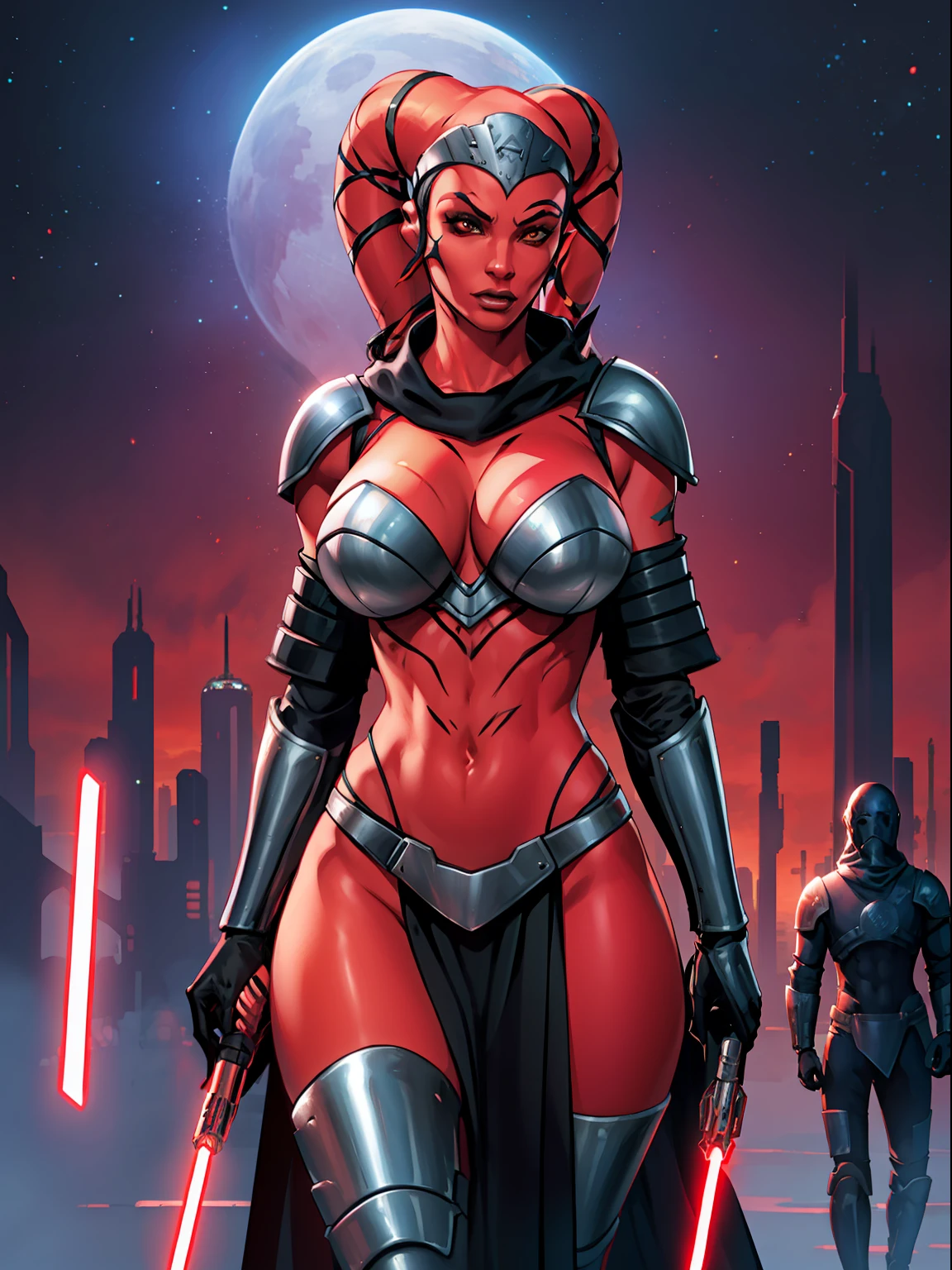 ((red skin), twi'lek), dual red lightsabers, evil space knight, space ninja, (black robes, black stealth armor, breastplate, tunic, tabard, cowl, cloak, body glove, straps, buckles, skirts, long sleeves, fantasy, ((armor))), ((busty), slender body, thin, slim sexy body, slim waist, huge breasts), Imperial starship, Star Wars,