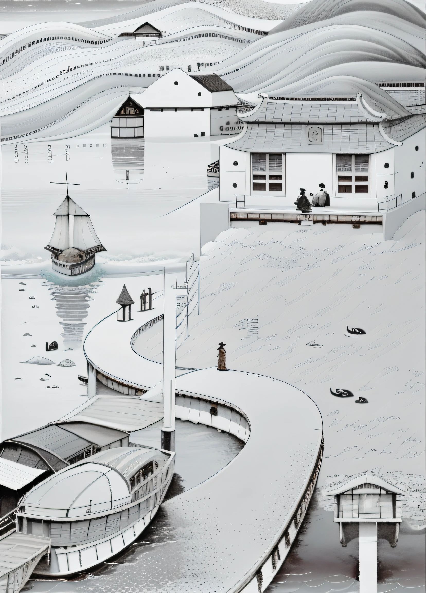 There are many boats sitting on the beach, feng zhu |, Eat Zhuoxin, Lu Ji, twisted waterway, inspired by Kanō Mitsunobu, ruan jian, evan lee, surrealism painting, author：Lu Ji, inspired by Fei Danxu, Black and white illustration, author：Yoon Du-seop, yuli ban