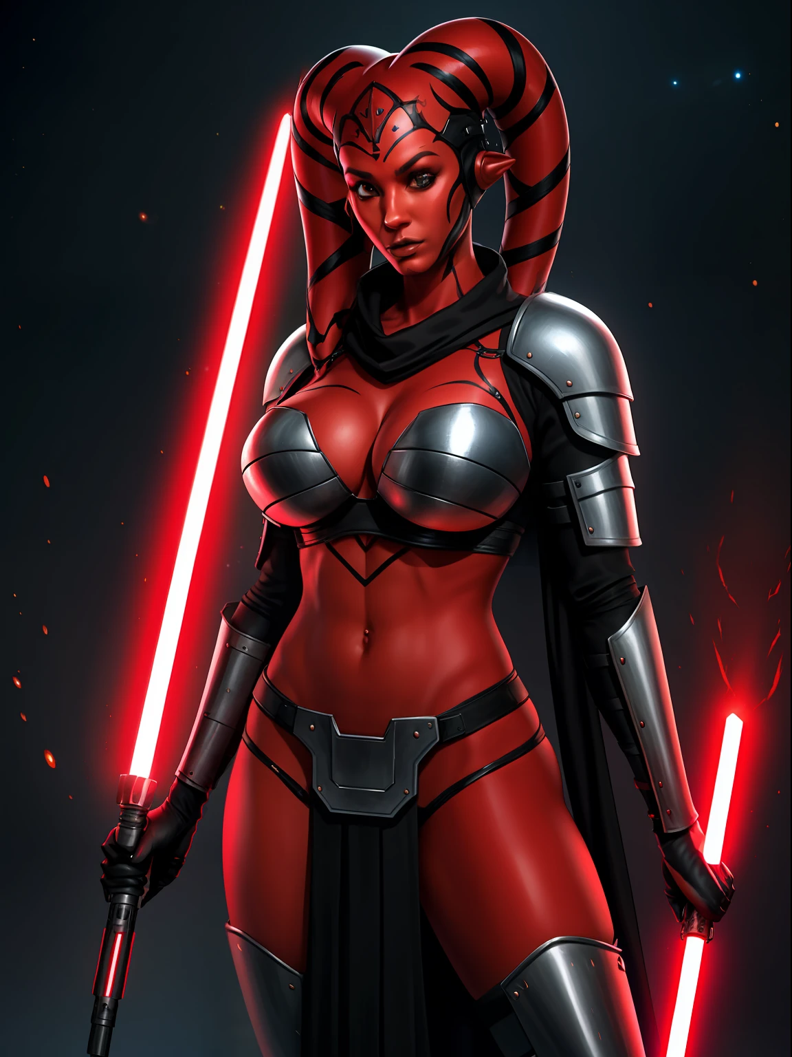 ((red skin), twi'lek), dual red lightsabers, evil space knight, space ninja, (wearing heavy black robes, black stealth armor, breastplate, tunic, tabard, cowl, cloak, body glove, straps, buckles, skirts, long sleeves, fantasy, ((armor))), ((busty), slender body, thin, slim sexy body, slim waist, huge breasts), Imperial starship, Star Wars,