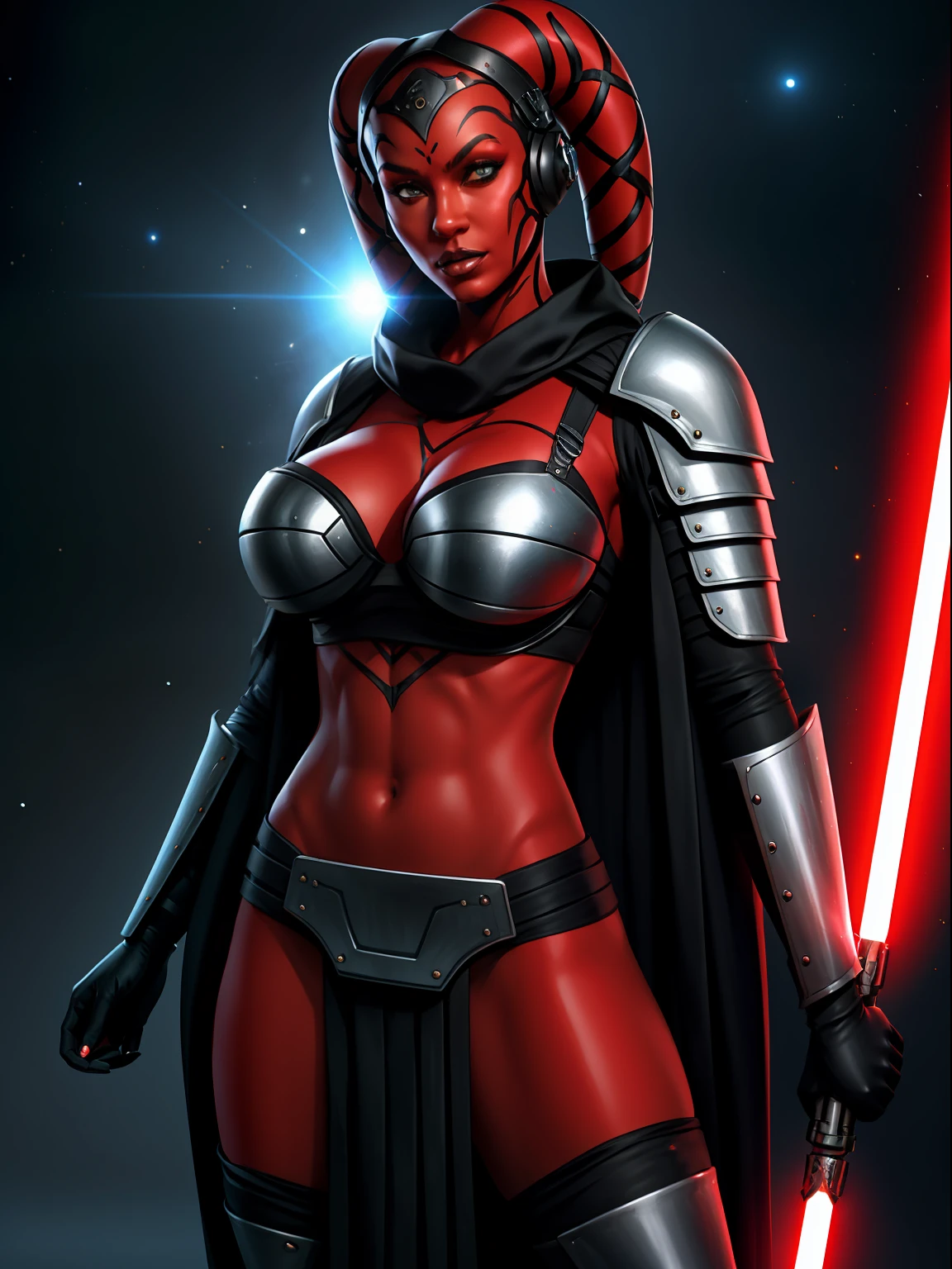 ((red skin), twi'lek), dual red lightsabers, evil space knight, space ninja, (wearing heavy black robes, black stealth armor, breastplate, tunic, tabard, cowl, cloak, body glove, straps, buckles, skirts, long sleeves, fantasy, ((armor))), ((busty), slender body, thin, slim sexy body, slim waist, huge breasts), Imperial starship, Star Wars,