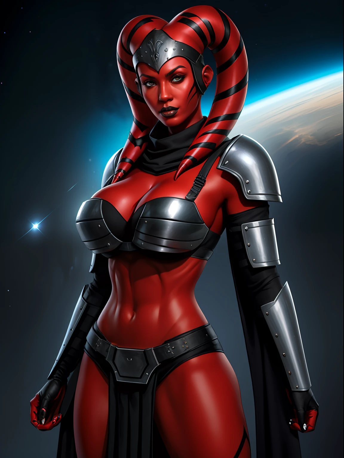 ((red skin), twi'lek), dual red lightsabers, evil space knight, space ninja, (wearing heavy black robes, black stealth armor, breastplate, tunic, tabard, cowl, cloak, body glove, straps, buckles, skirts, long sleeves, fantasy, ((armor))), ((busty), slender body, thin, slim sexy body, slim waist, huge breasts), Imperial starship, Star Wars,